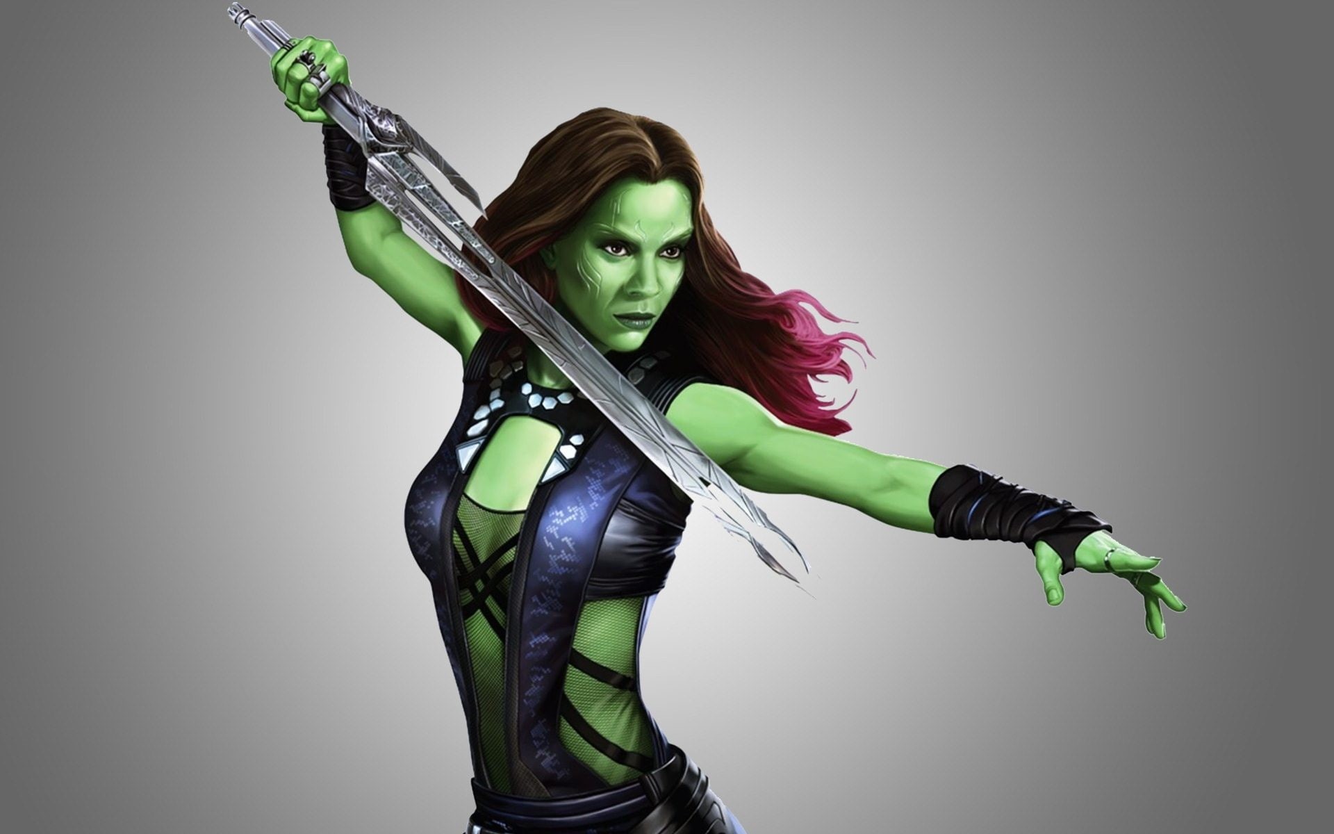 green color, one person, Gamora, beautiful woman, gray, Guardians of the Galaxy, 1080P, looking at camera, gray background, artwork, studio shot, sword, HD Wallpaper