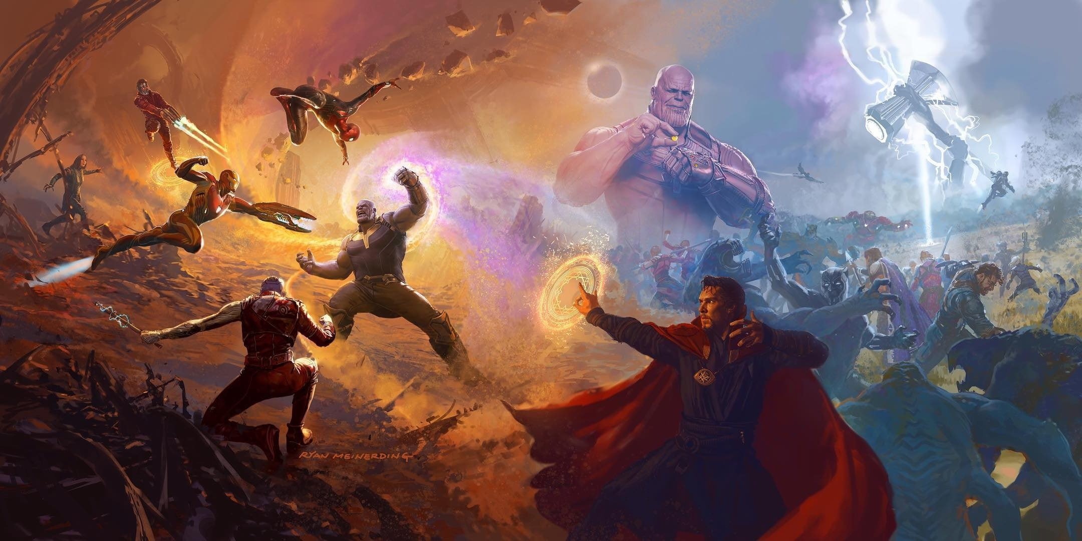 Marvel, Titan, Thanos, Wakanda, alien, Avengers Infinity War, Doctor Strange, Captain America, lightning, infinity gems, Spider-man, Guardian of the galaxy, HD Wallpaper
