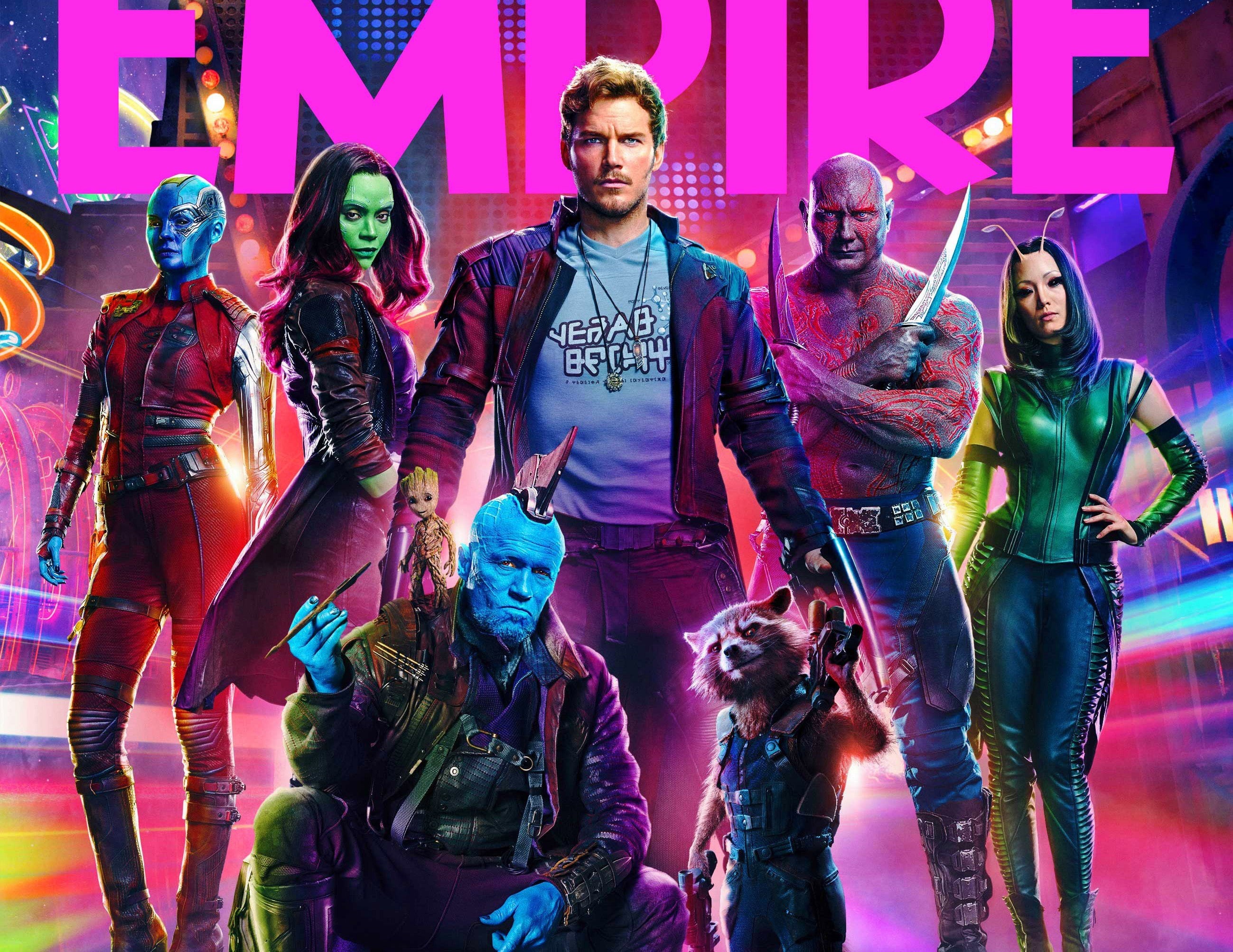 Vin Diesel, Zoë Saldaña, Groot, Zoe Saldaña, Dave Batista, Gamora, Bradley Cooper, Star Lord, Michael Rooker, cinema, Marvel Comics, dagger, film, Empire, HD Wallpaper