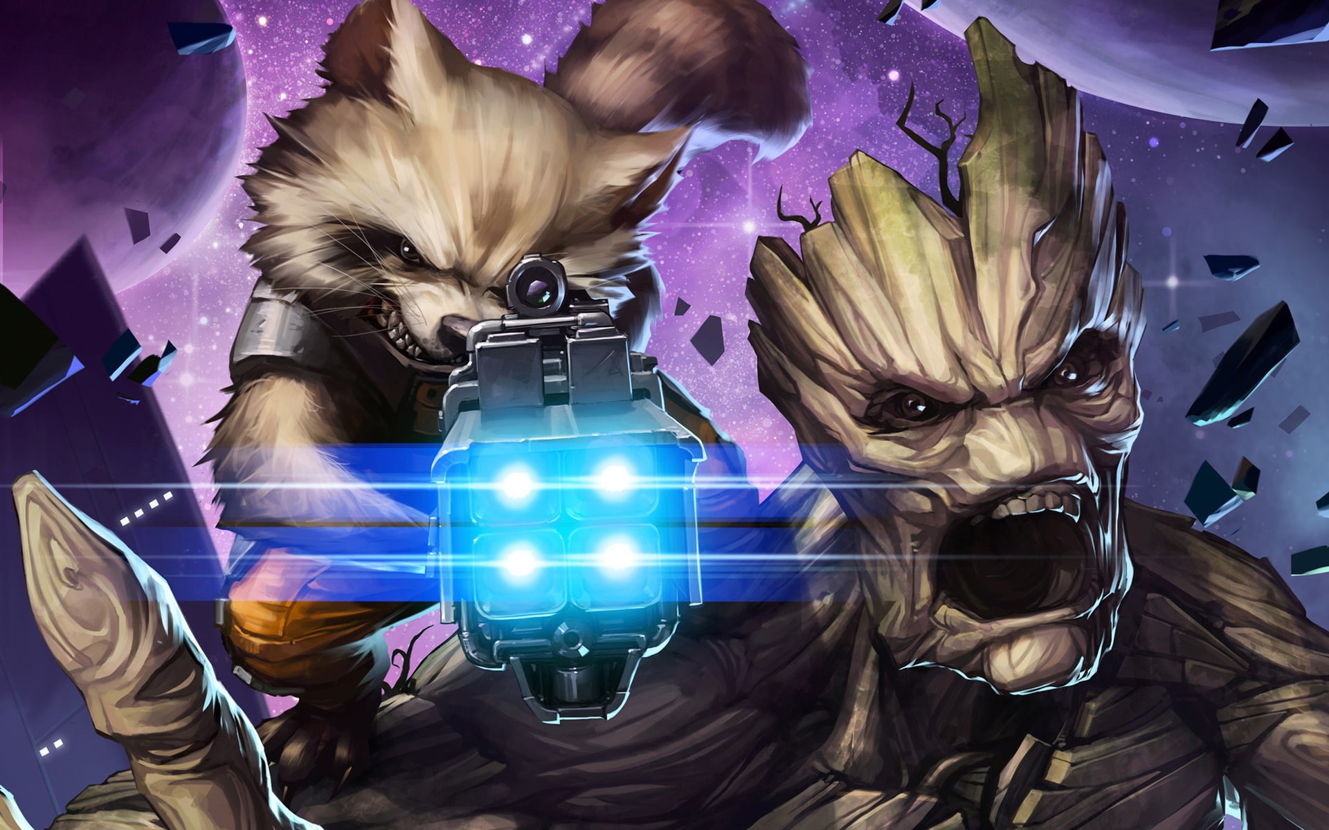 activity, mammal, Galaxy, technology, purple, pets, Rocket, Groot, flower, close-up, people, women, Guardians, one animal, 1080P, domestic animals, digital composite, HD Wallpaper