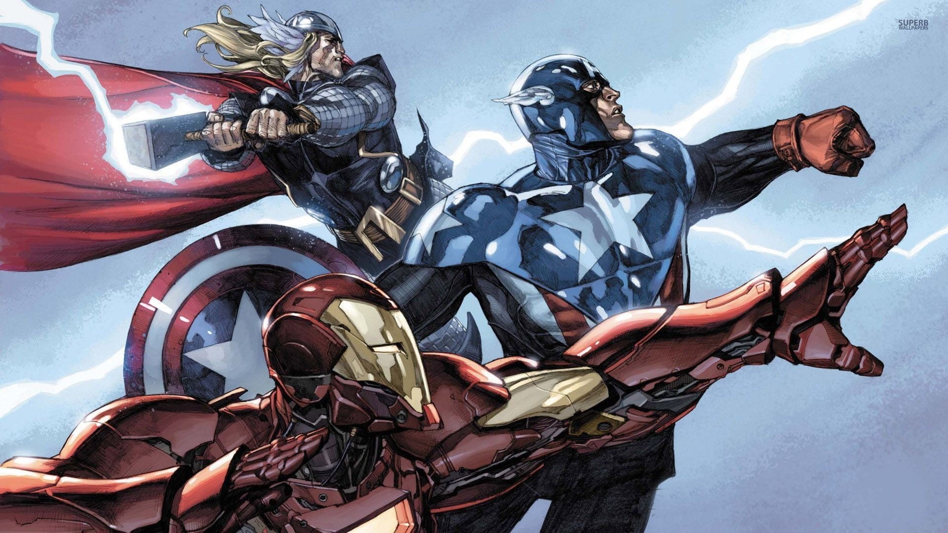 Captain America, representation, vector, nature, sports helmet, outdoors, backgrounds, clothing, fantasy, day, sky, people, Iron Man, superhero, computer Graphic, HD Wallpaper