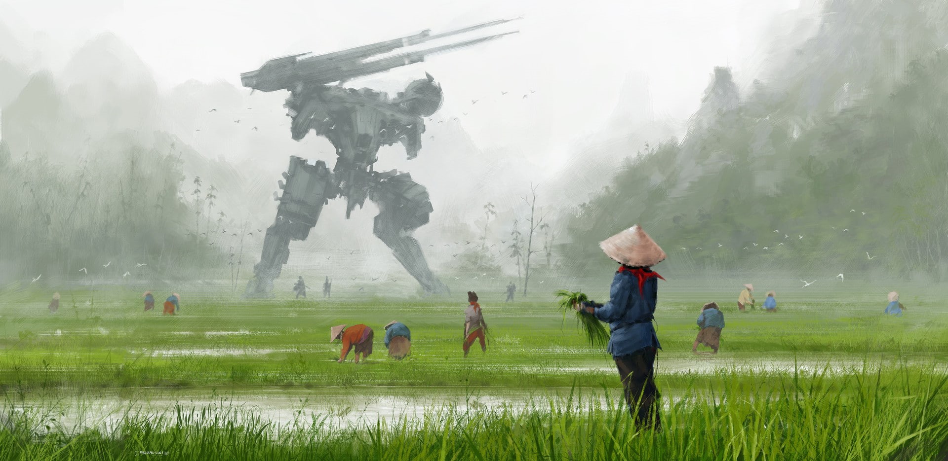 men, real people, environment, science fiction, farmer, field, day, fog, Metal Gear Rex, plant, water, mech, scythe, nature, Jakub Różalski, group of people, HD Wallpaper