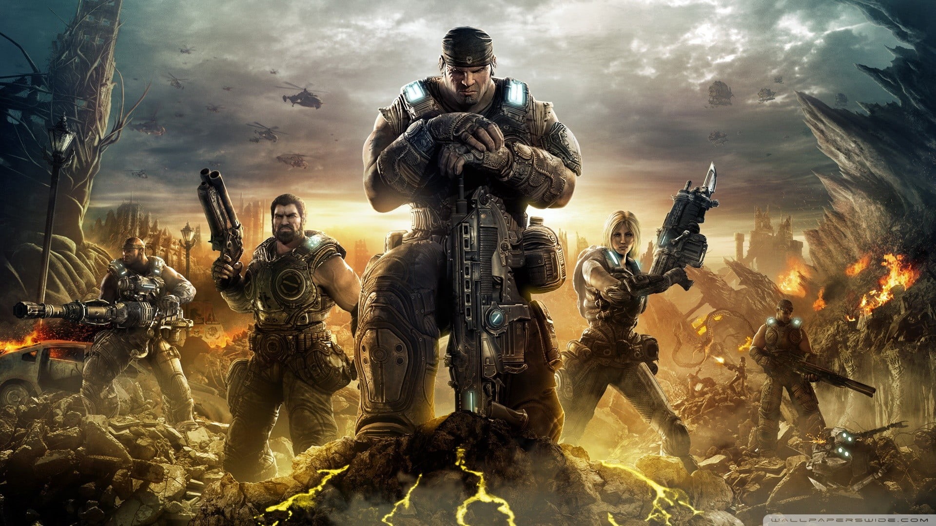 Gears of War 3, gun, sky, heroes, cloud - sky, army soldier, machine gun, security, military uniform, protection, armed forces, adult, screenshot, HD Wallpaper