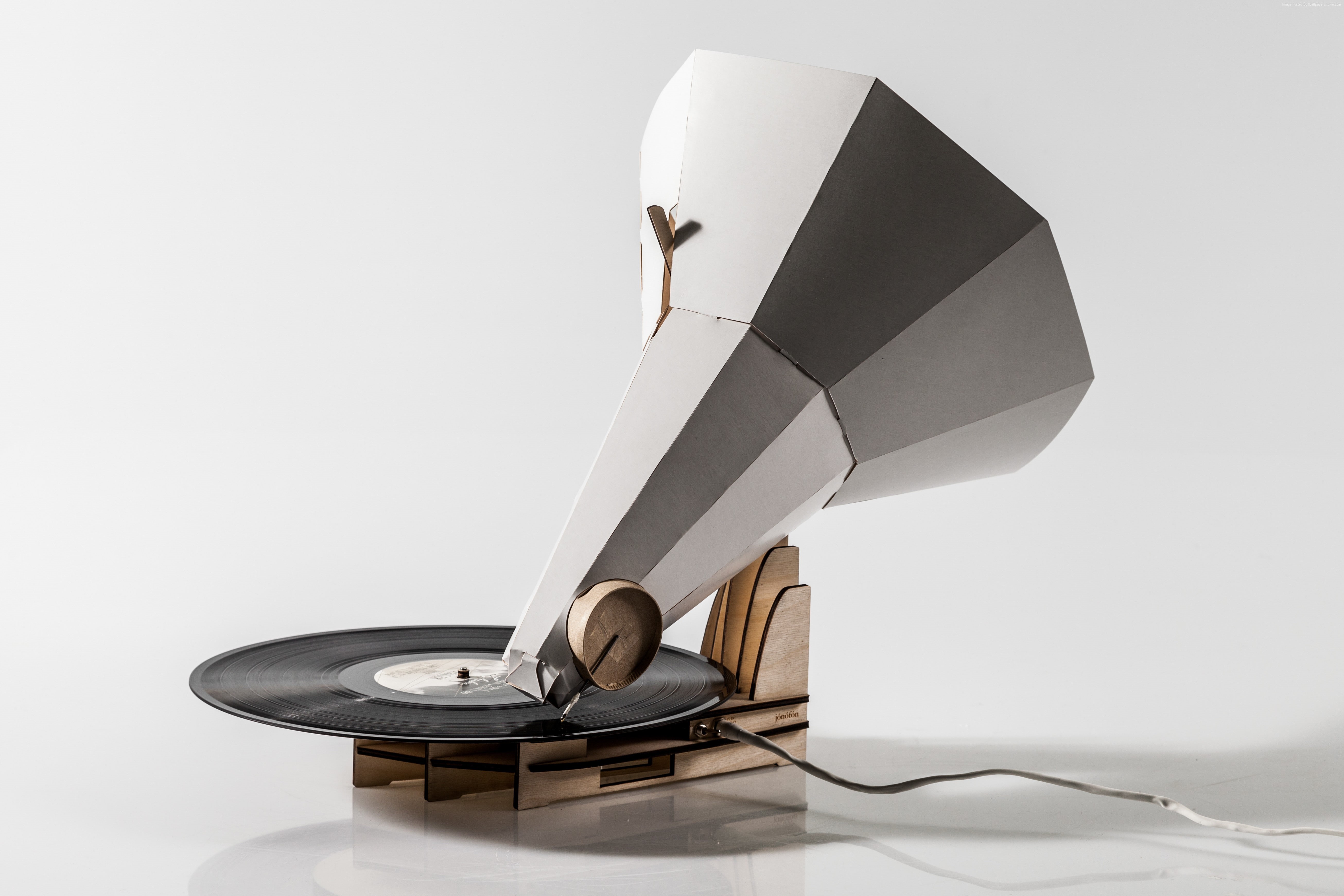 furniture, adult, men, vinyl, technology, desk, white background, communication, copy space, 5K, emotion, music, papercraft, gramophone, connection, sitting, HD Wallpaper