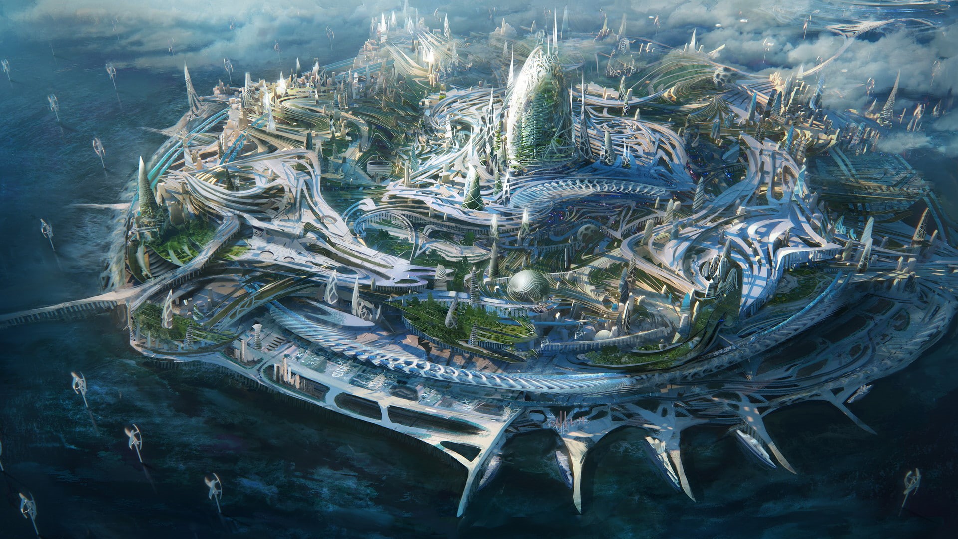 ISLAND, fiction, digital art, digital, fiction, art, nature, Futuristic City, city, science, hd, x, 1920x1080 px, science, 1080P, px, close, futuristic, HD Wallpaper