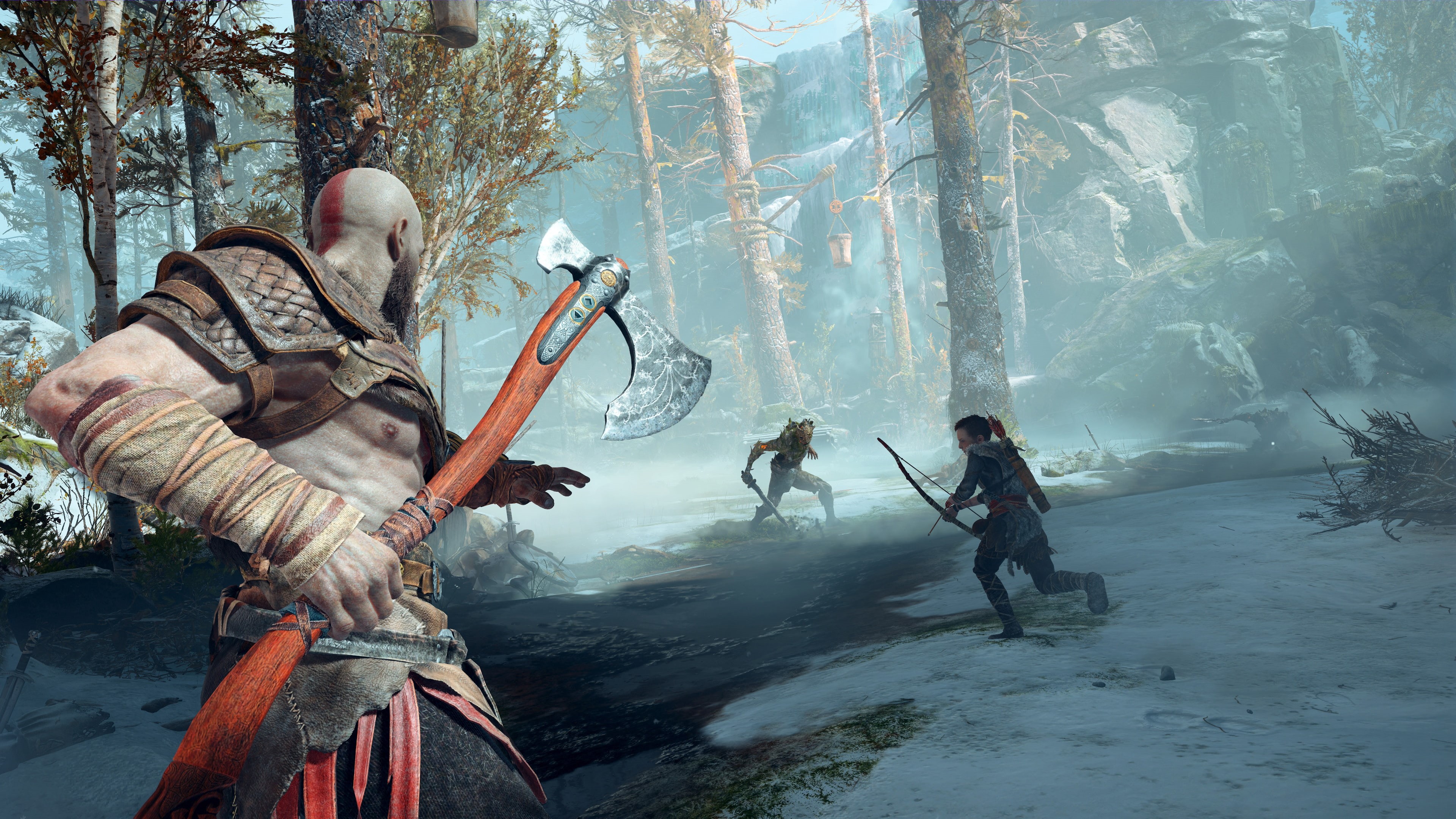 god of war, winter, god of war 4, weapon, hd, cold temperature, 4K, games, day, land, men, uniform, ps games, 4k, outdoors, fog, holding, people, snow, HD Wallpaper