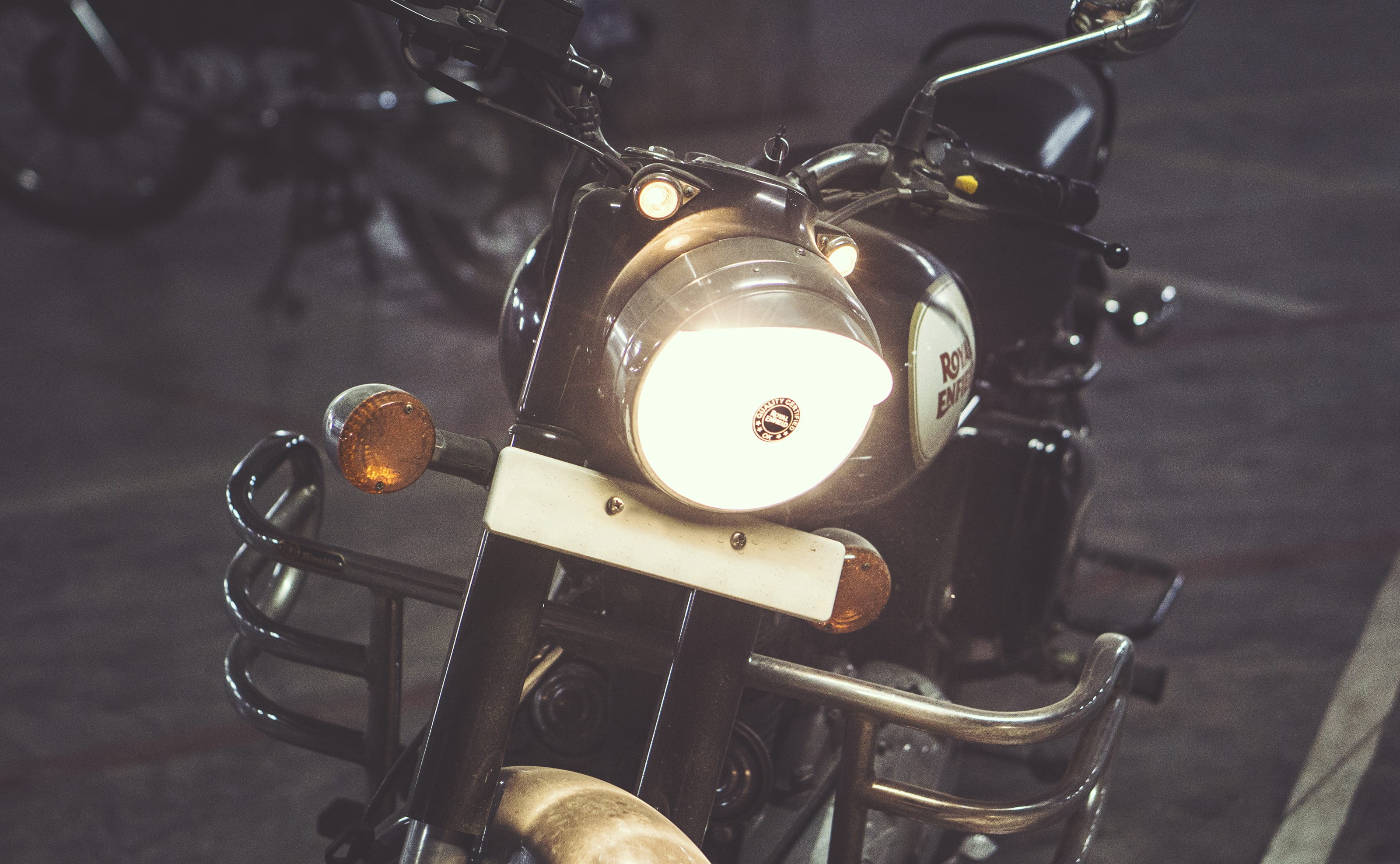 illuminated, 2K, electrical equipment, headlight, motorcycle, enfield, bicycle, turned, glowing, technology, bike, black, indoors, still life, royal, no people, HD Wallpaper