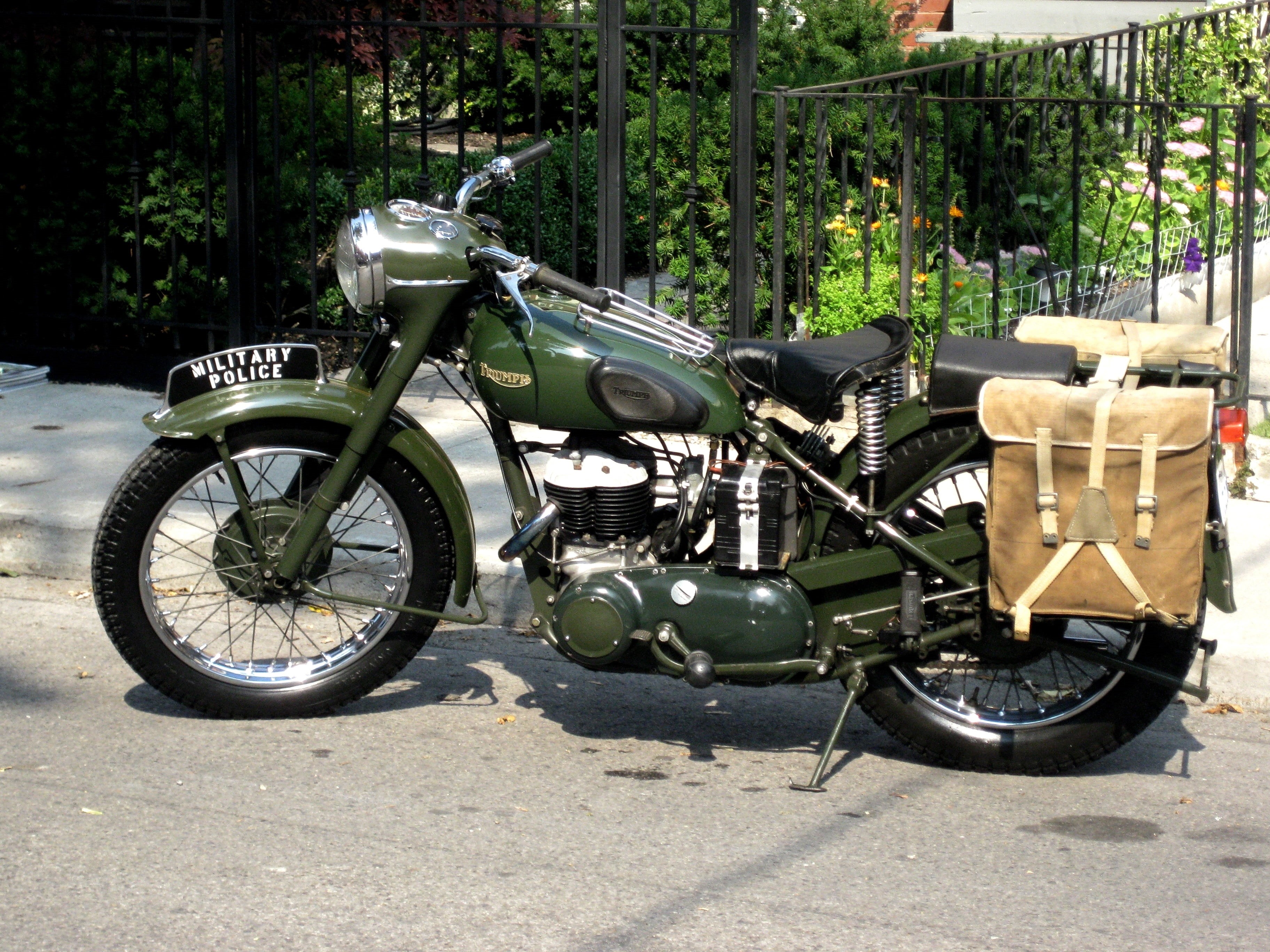 sunlight, outdoors, travel, day, no people, motorcycle, WW2, road, mode of transportation, street, 2K, land vehicle, tree, royal, military police, transportation, HD Wallpaper
