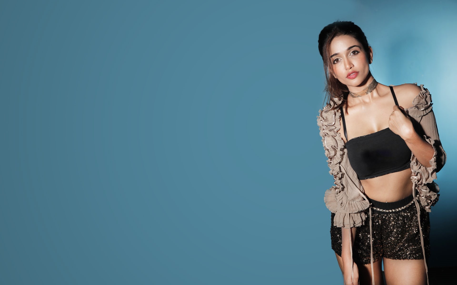 anaika, looking at camera, women, hairstyle, adult, colored background, 1080P, young women, fashion, one person, beautiful woman, studio shot, hair, blue, HD Wallpaper