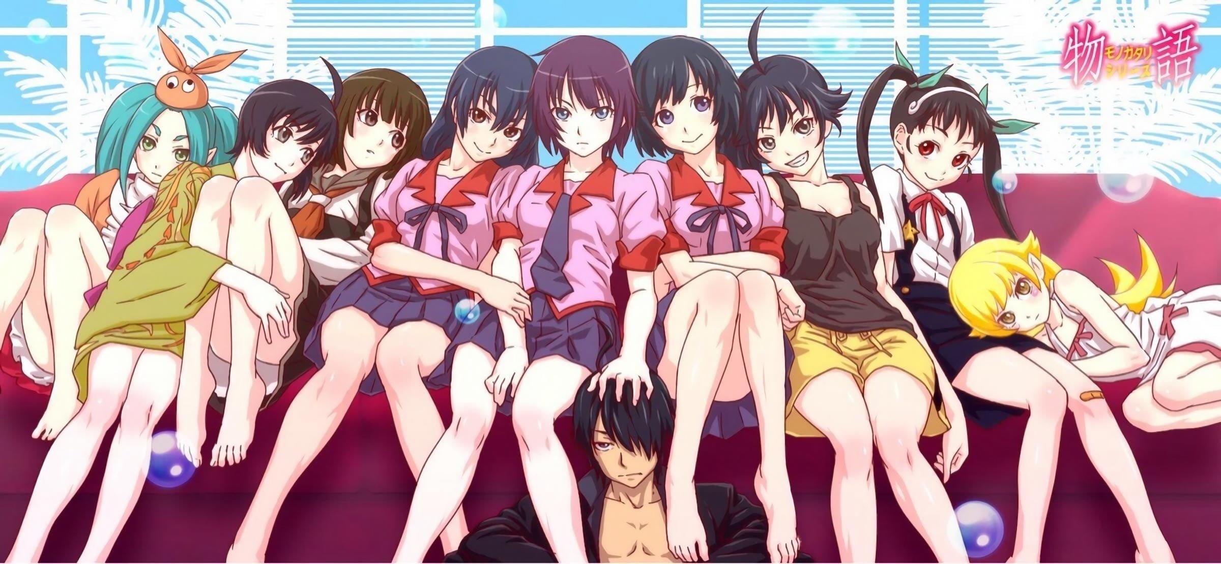 anime girls, Monogatari Series, girls, large group of people, school uniform, Sengoku Nadeko, 1080P, group of people, Araragi Karen, day, Senjougahara Hitagi, HD Wallpaper