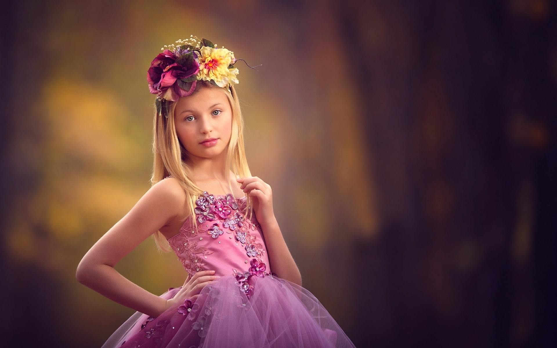 Purple, Girl, Little, Cute, 1080P, Dress, Wreath, HD Wallpaper