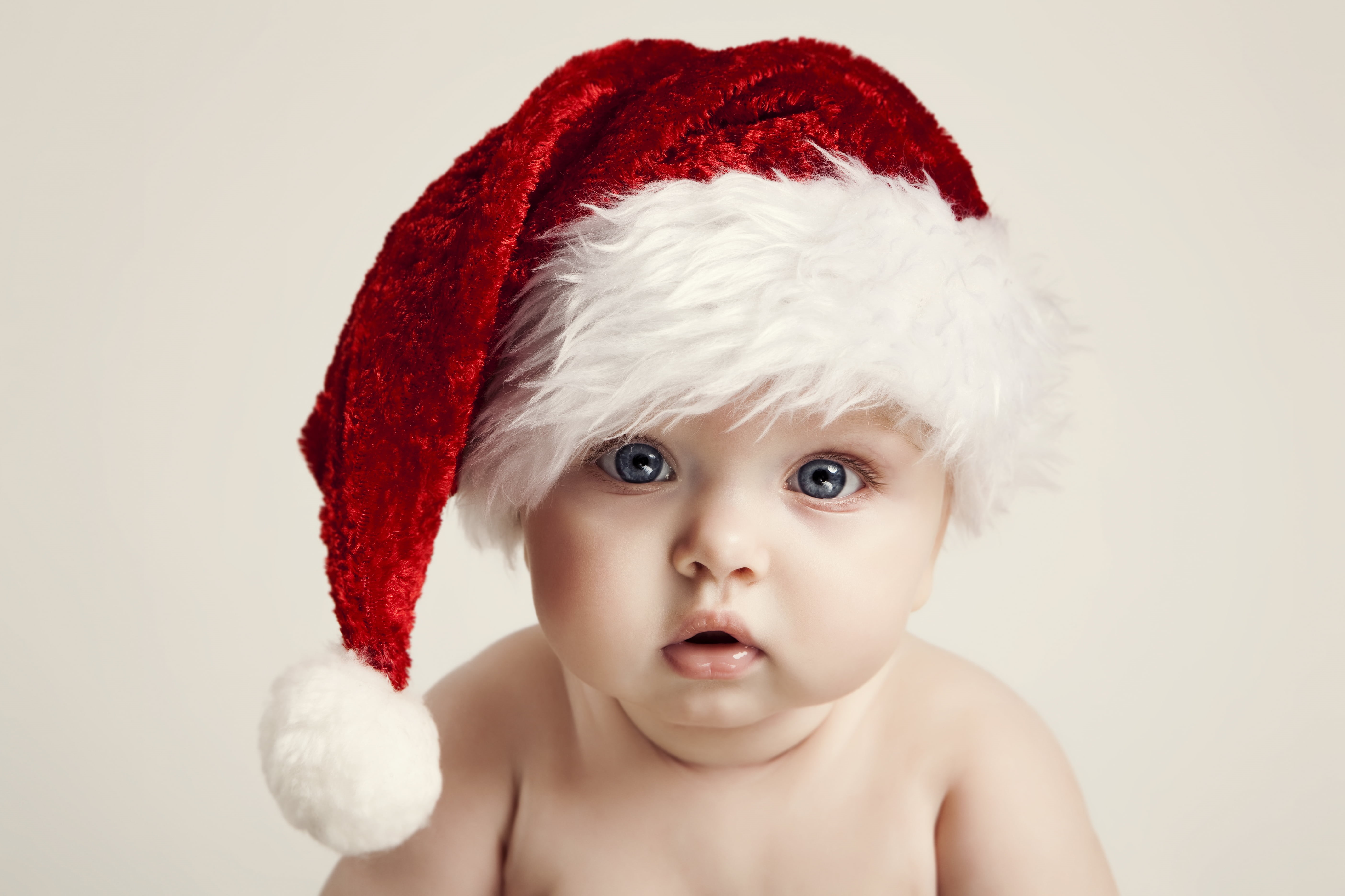 Adorable funny, charming funny, headshot, santa Hat, blue Eyes, boys, santa Claus, humor, big beautiful blue eyes, christmas, human Face, cute, baby, males, HD Wallpaper