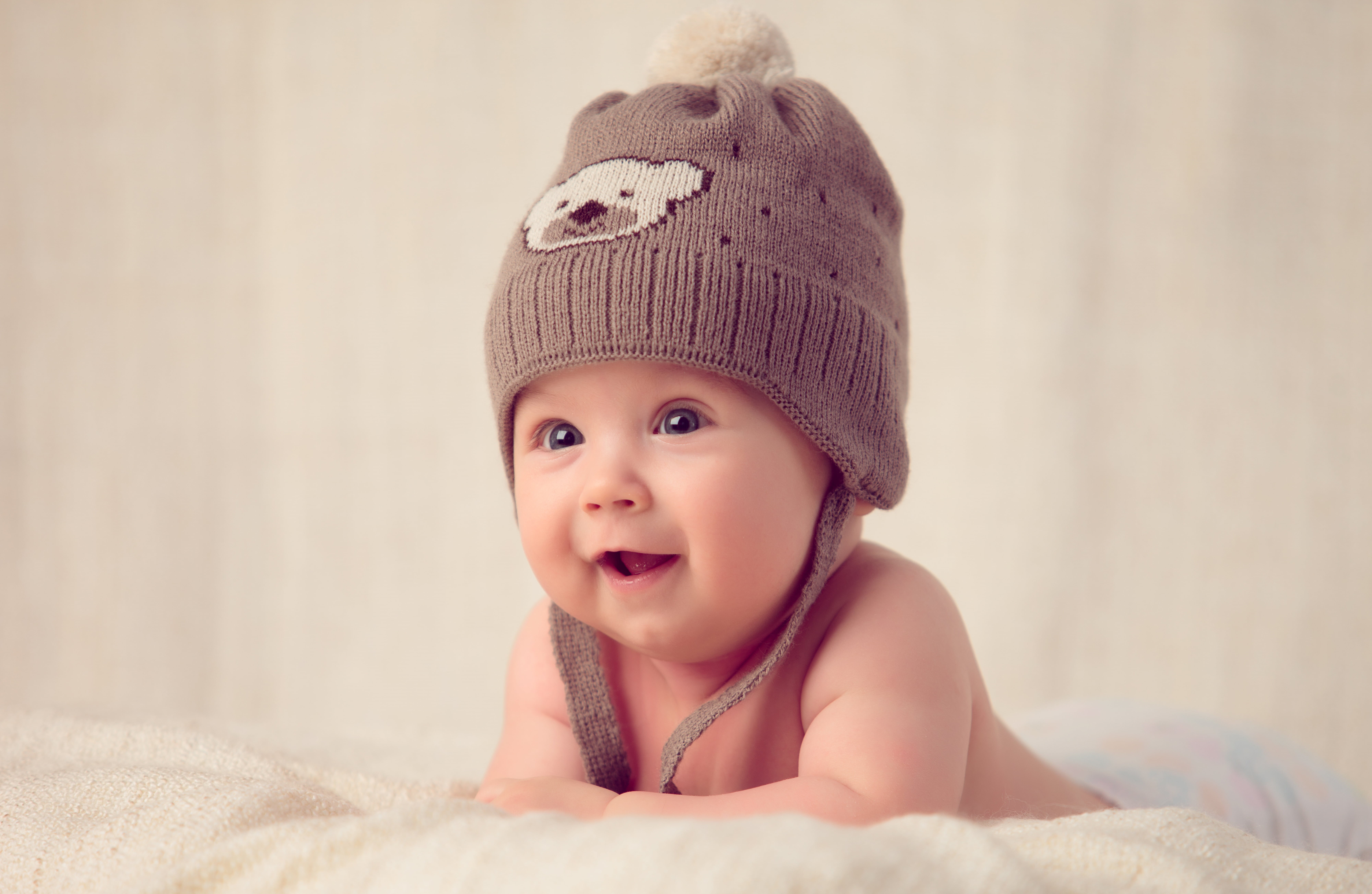kid, childhood, clothing, bed, s, newborn, cute, knit, child, innocence, baby, mouth open, gray, hat, looking at camera, white, babyhood, one person, 8K, HD Wallpaper
