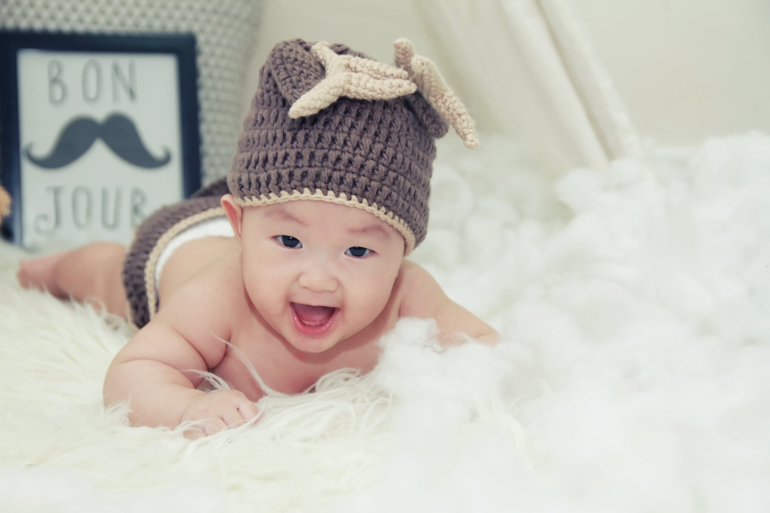 knit hat, baby Girls, looking at camera, photoshoot, happy, cheerful, tiny, mouth open, child, happiness, smiling, childhood, newborn, young, infant, caucasian Ethnicity, HD Wallpaper