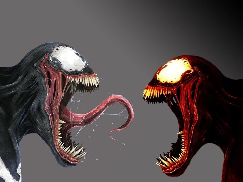 Marvel Comics, craft, mammal, Venom, aggression, side view, illustration, vector, animal Head, 480P, creativity, fantasy, two animals, backgrounds, studio shot, HD Wallpaper