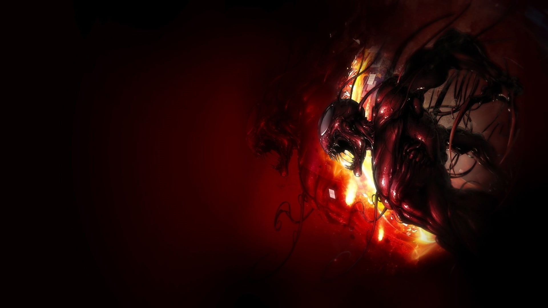 heat - temperature, spooky, mythical, one person, creature, flowing, black background, glowing, portrait, dark, fire, Carnage, indoors, young adult, studio shot, HD Wallpaper