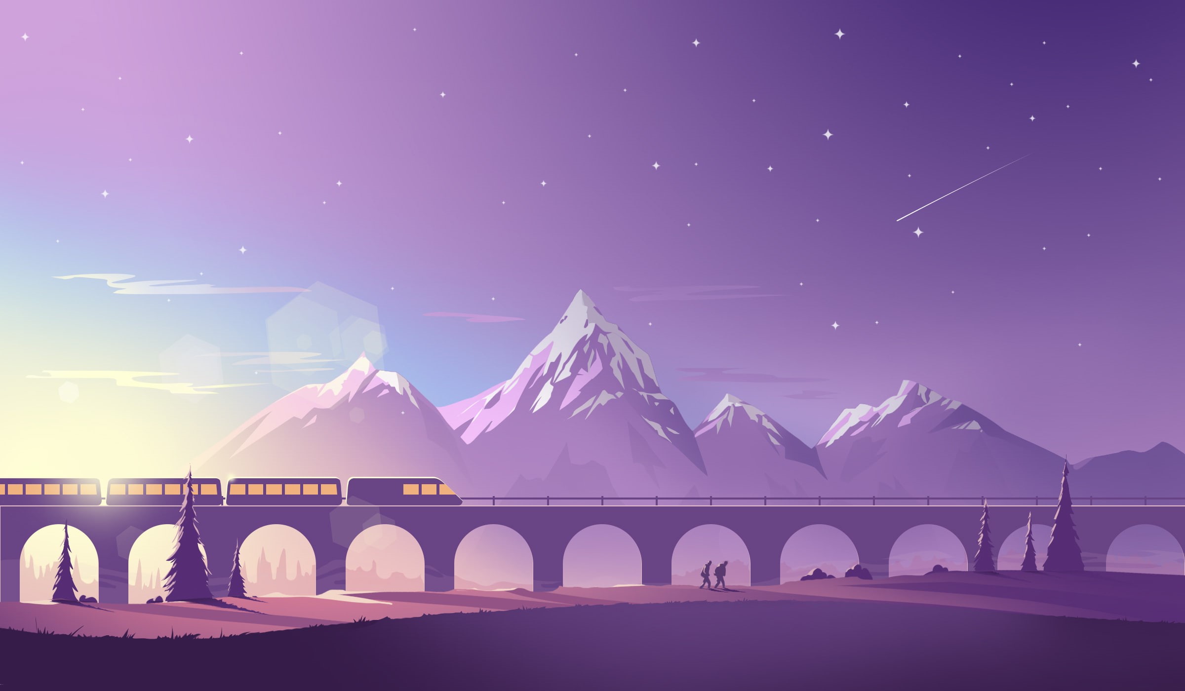 nature, illustration, mountains, star - space, 1080P, hd, bridge - man made structure, travel destinations, behance, snow, built structure, minimalism, HD Wallpaper