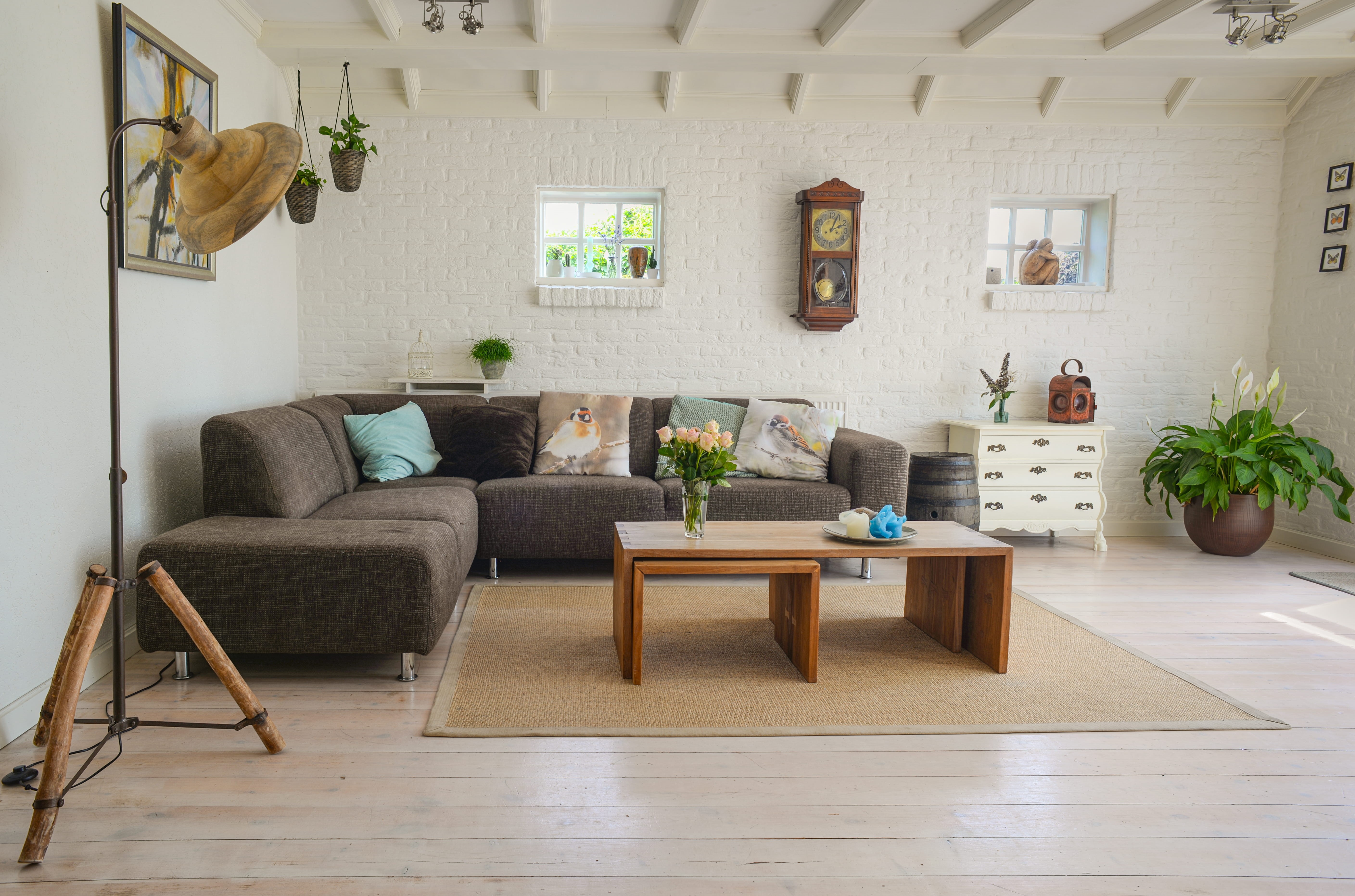cushion, carpet, no people, clean, domestic room, living room interior, interior, flooring, wall clock, modern, seat, potted plant, decor, plant, wood, HD Wallpaper