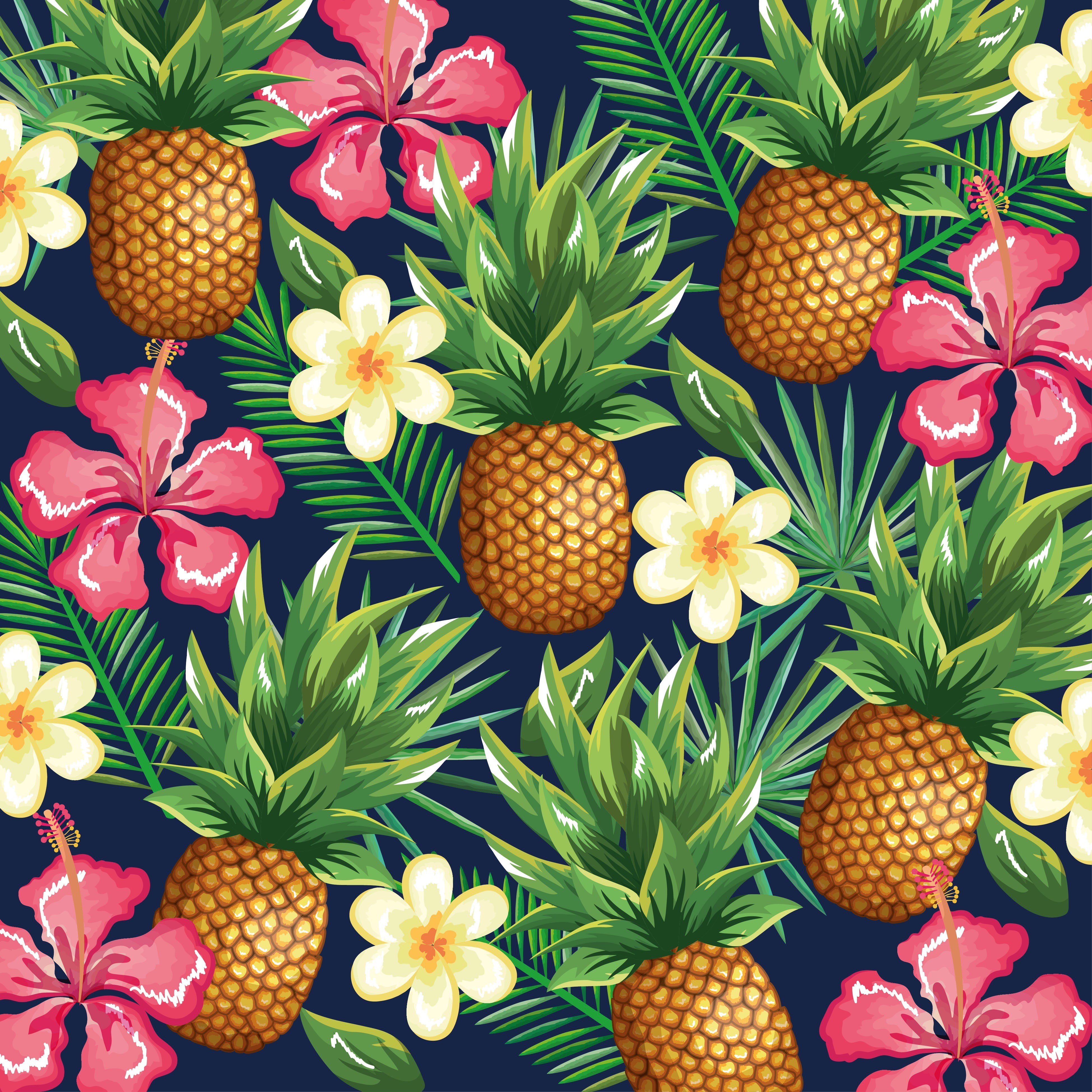 pattern, tropical, pineapple, tropic, flowers, 4K, background, floral, Phone HD Wallpaper