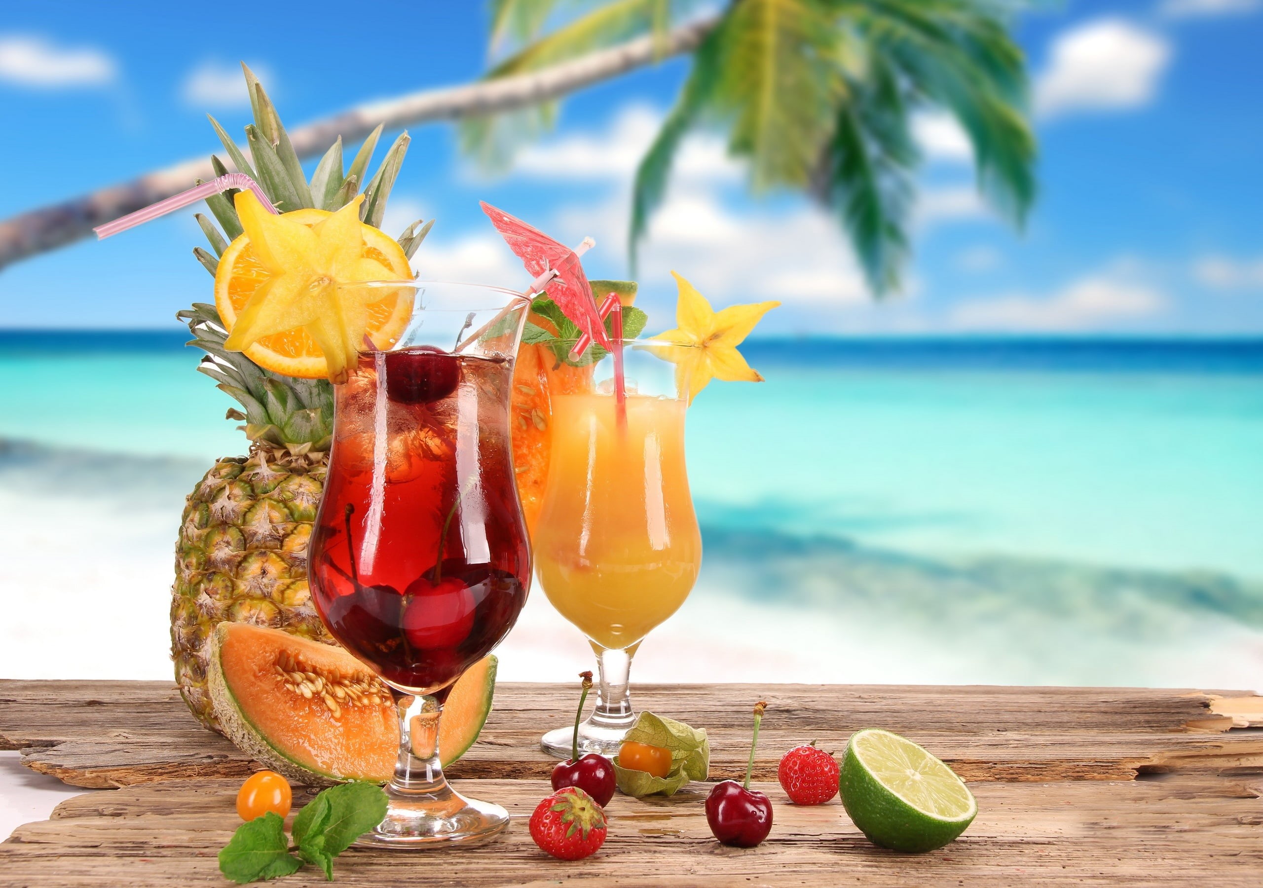 coastline, melon, glasses, pineapple, drinking, cocktails, red, lemon, ice, relaxation, outdoors, no People, selective, coconut, wood - Material, refreshment, HD Wallpaper
