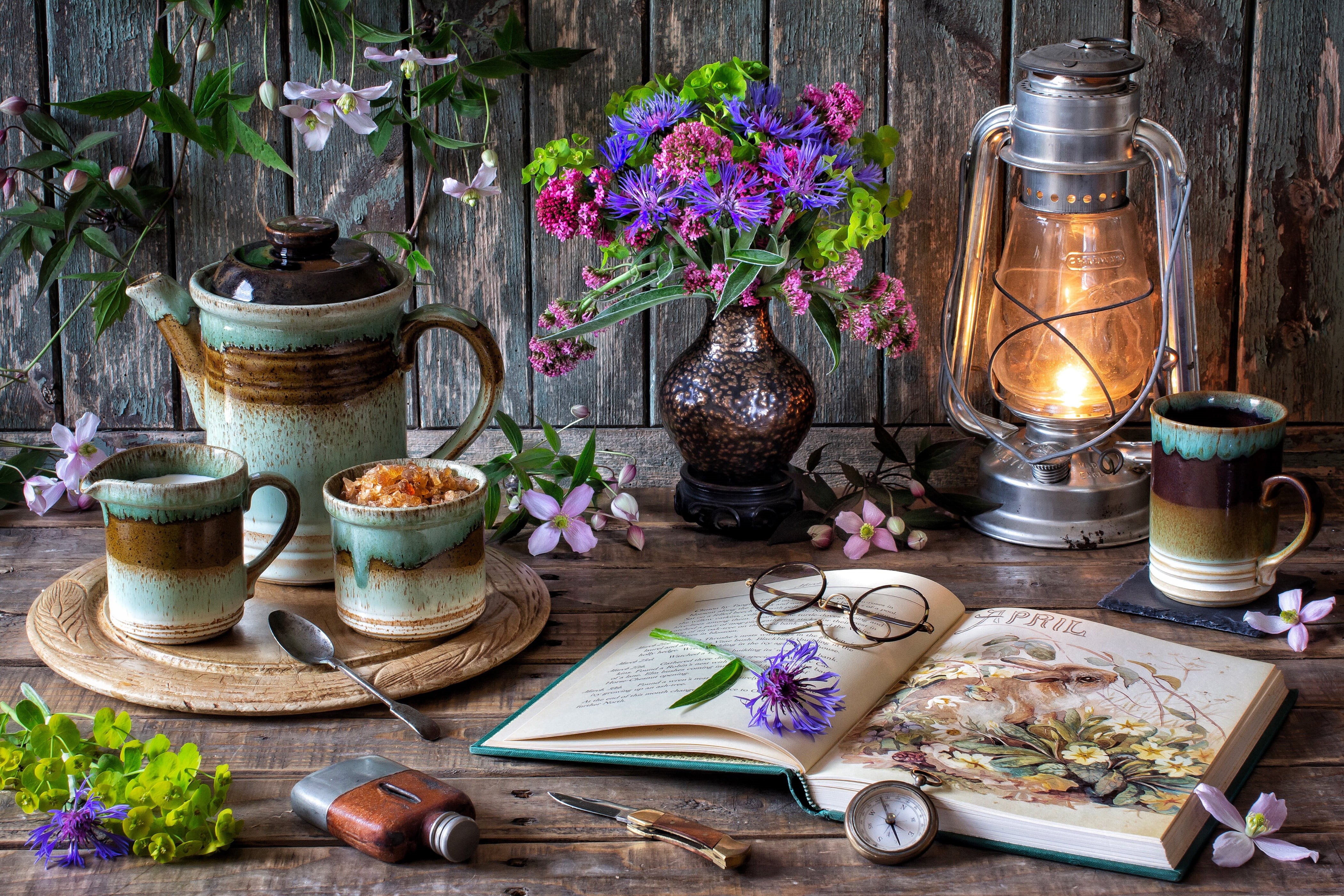 coffee, style, glasses, coffee pot, book, still life, clematis, 4K, bouquet, mug, flowers, compass, lamp, cornflowers, HD Wallpaper