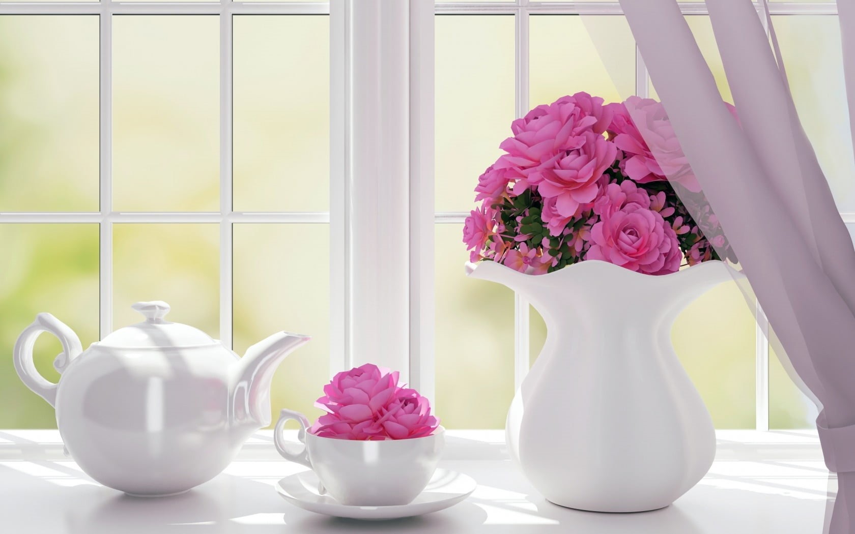 teapot, crockery, pink, decoration, plant, cup, window, white color, nature, petal, fragility, flower arrangement, flower head, ♥, bouquet, vase, freshness, HD Wallpaper