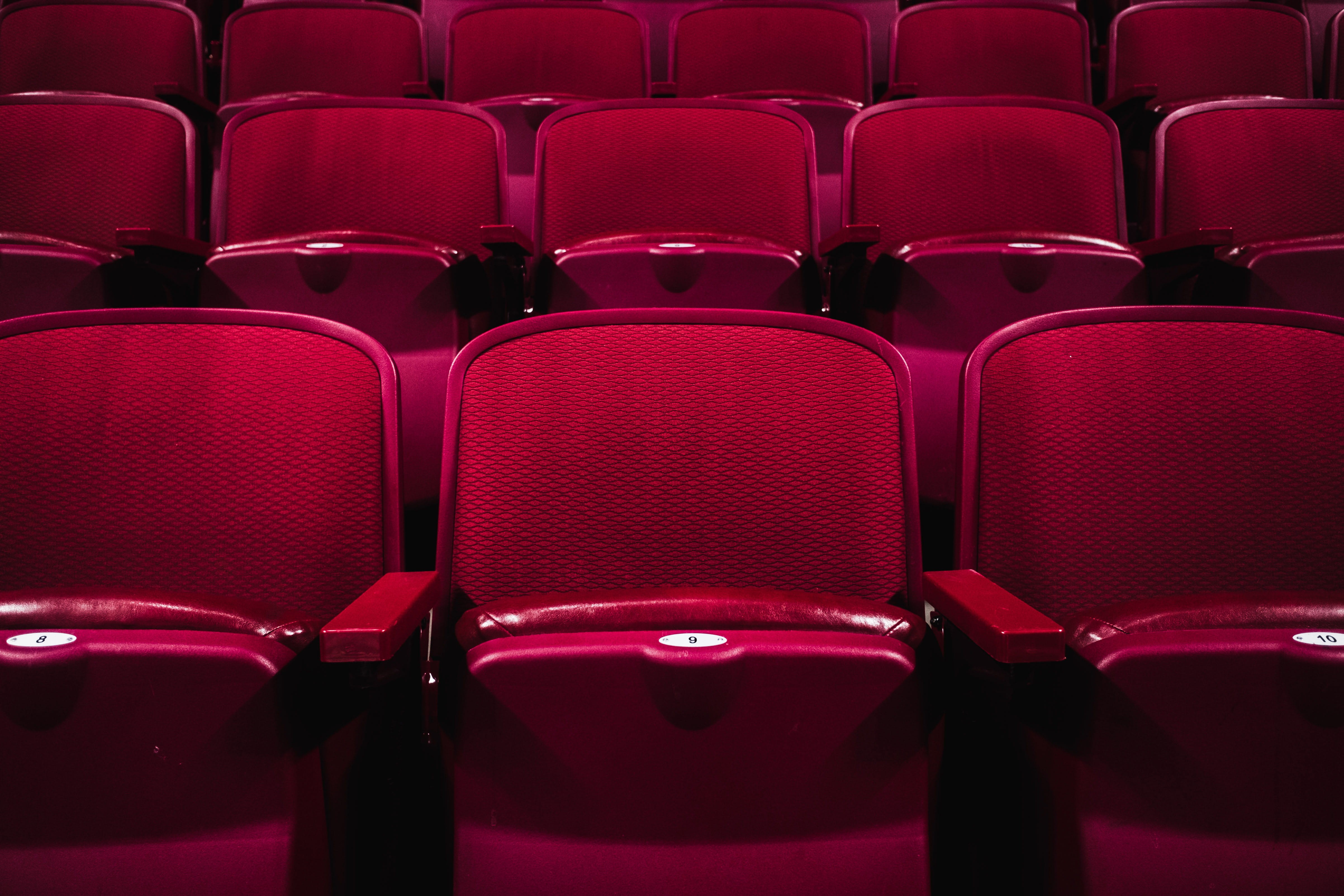 repetition, indoors, seats, Cinema, arrangement, seat, stage Theater, absence, red, theatrical Performance, film Industry, 4K, no People, side by side, HD Wallpaper