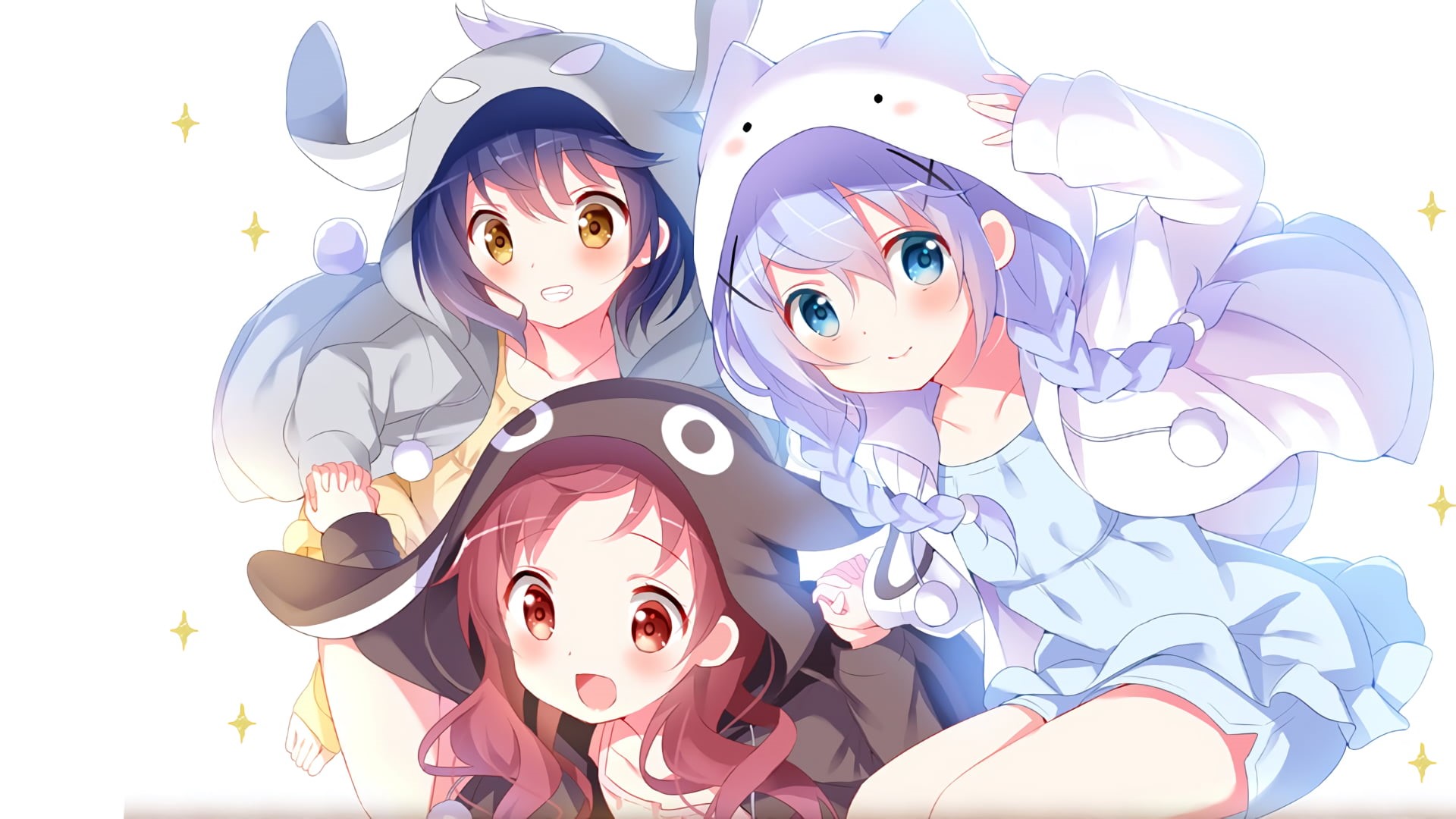 anime girls, 1080P, bonding, girls, pyjamas, white hair, anime, Gochuumon wa Usagi Desu ka, adult, costume, sister, real people, emotion, blue eyes, young adult, HD Wallpaper