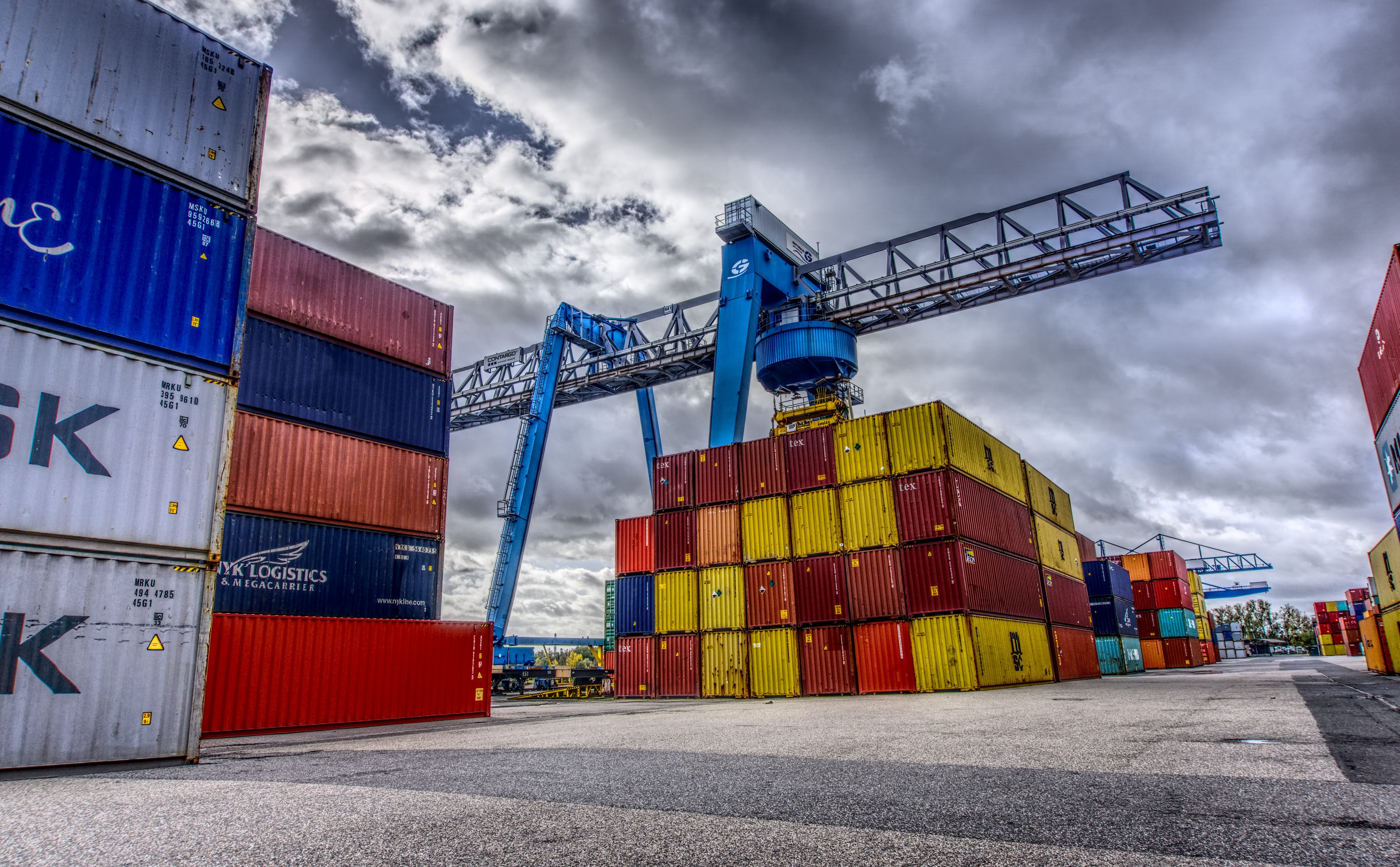 high dynamic range, loading, marketing hub, color, freight transportation, machinery, outdoors, water, architecture, business, clouds, container terminal, HD Wallpaper