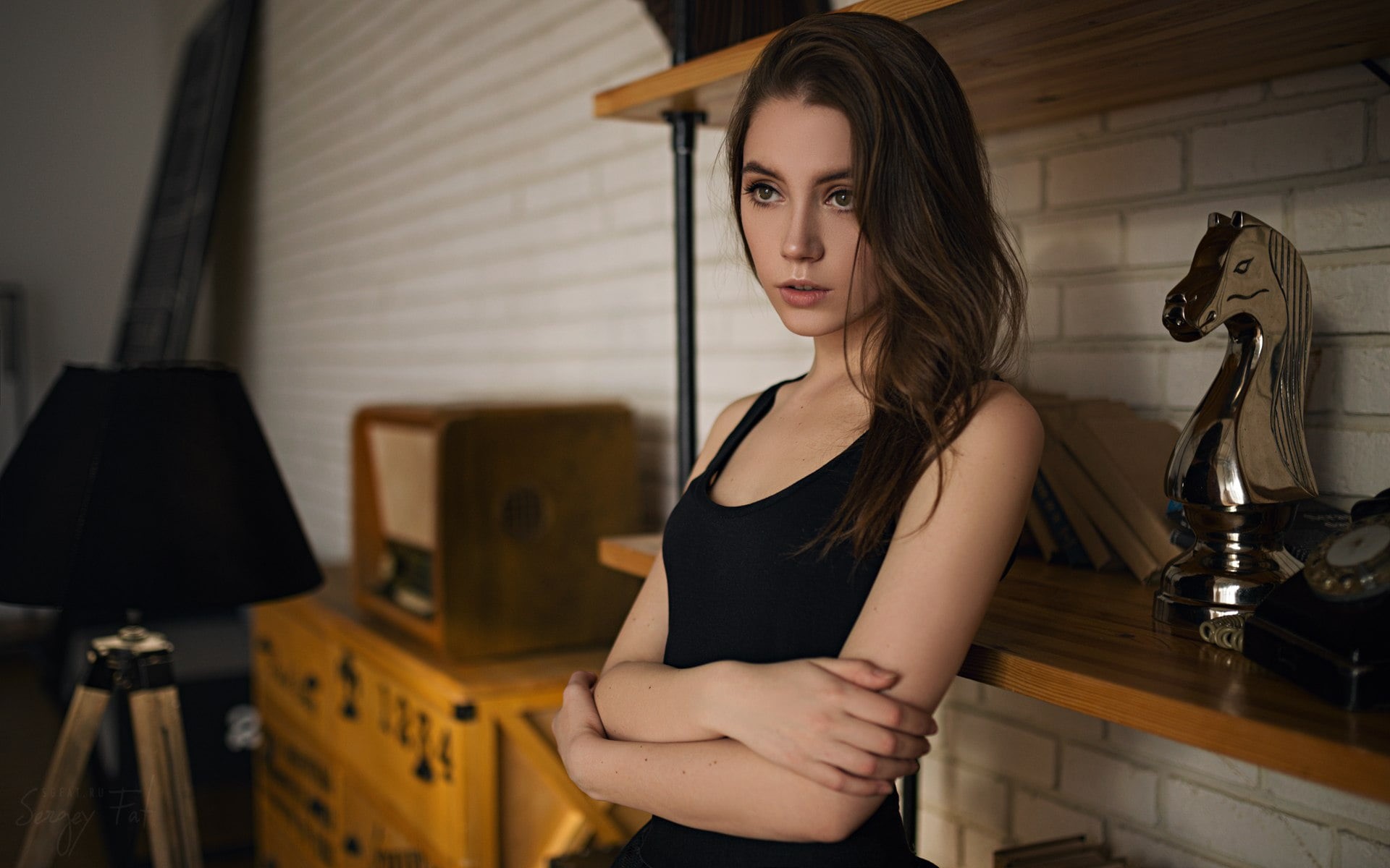 1080P, beautiful woman, hair, sitting, s, Sergey Fat, portrait, one person, black, sleeveless, scoop, women indoors, home interior, focus on foreground, HD Wallpaper