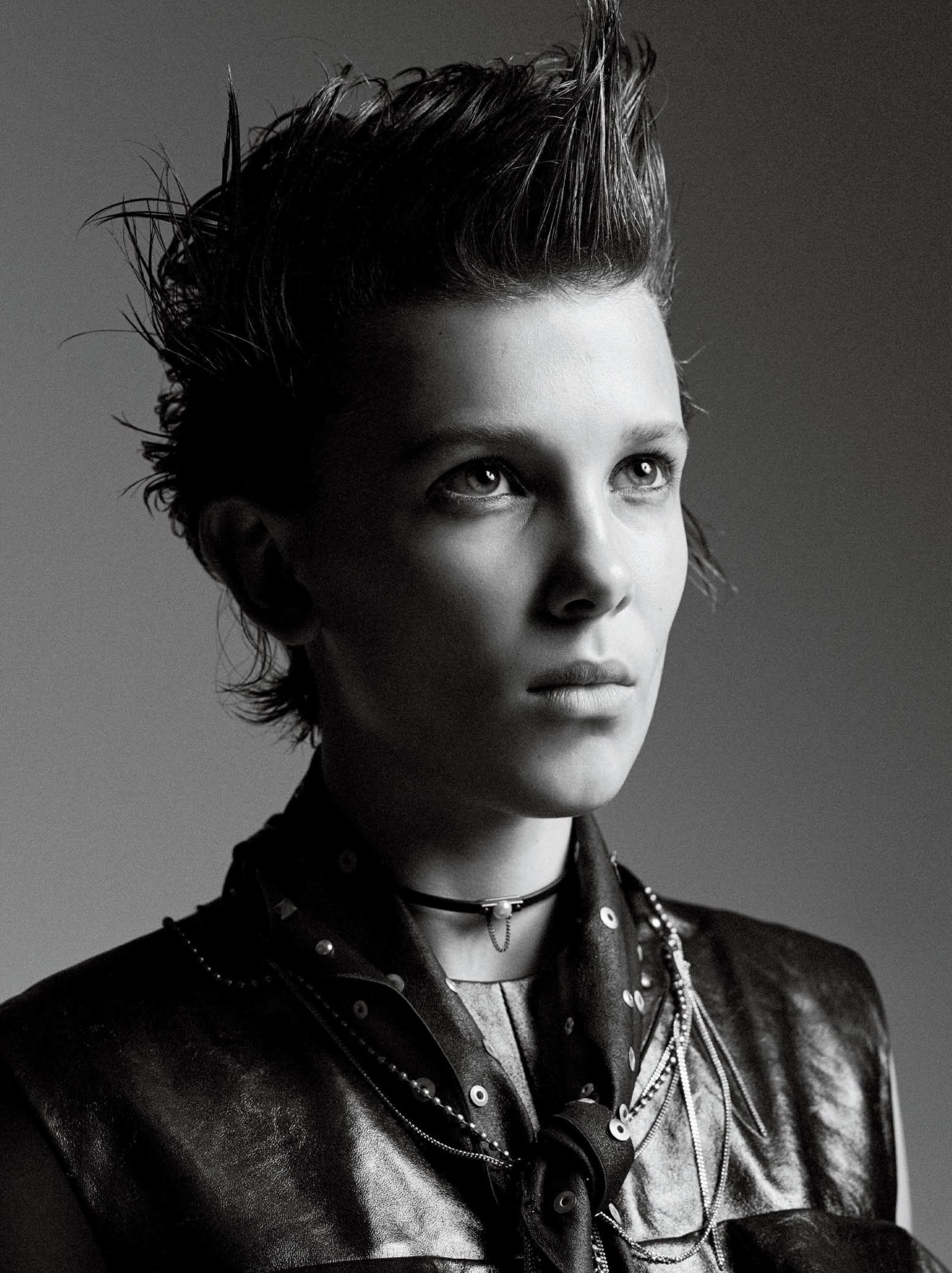 monochrome, Interview magazine, actress, Millie Bobby Brown, collar, dark hair, looking into the distance, 1080P, jacket, simple background, portrait, Phone HD Wallpaper
