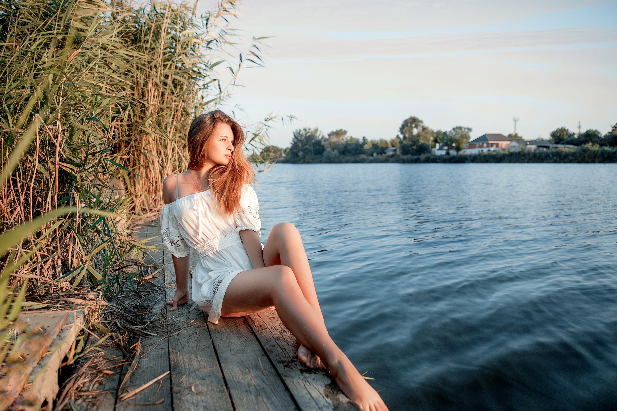 2K, model, wood, real people, young adult, hairstyle, full length, sitting, portrait, brunette, white dress, women outdoors, water, lifestyles, young women, HD Wallpaper