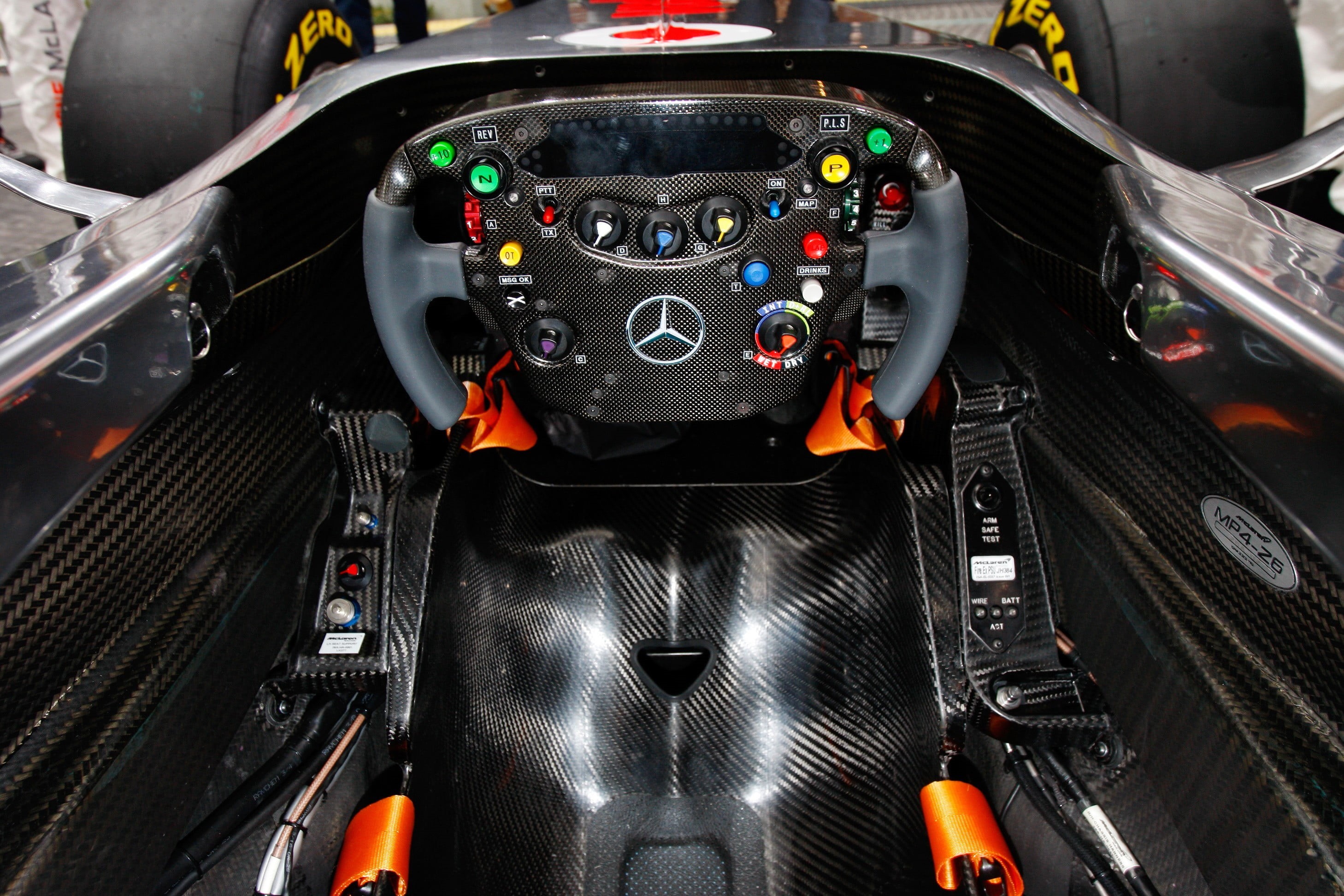 cockpit, mercedes, benz, f, land vehicle, vehicle interior, Formula 1, day, high angle view, travel, mode of transportation, technology, 2K, brown, motor vehicle, HD Wallpaper