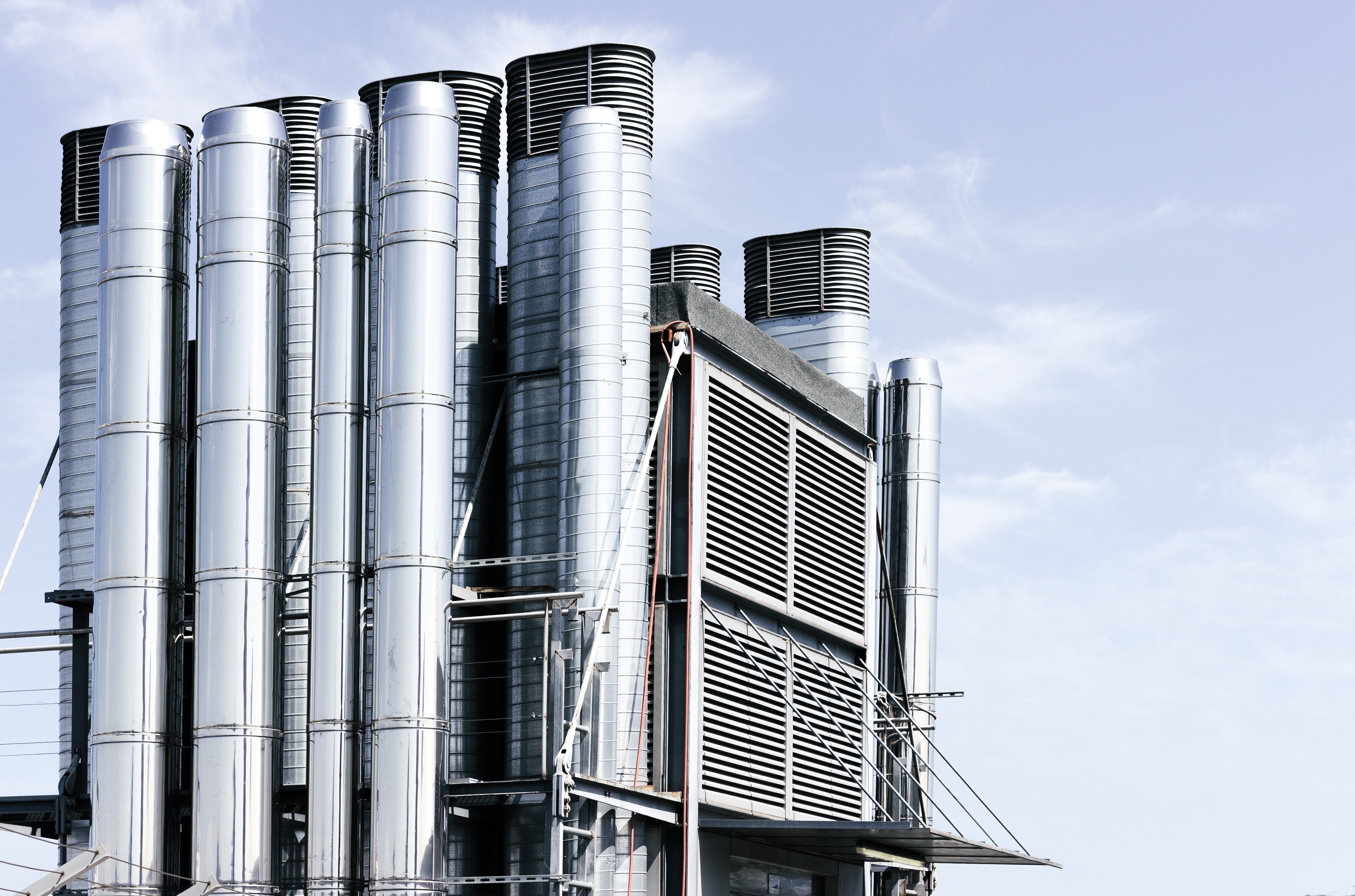 metal industry, photo, office building exterior, building exterior, chimney, no people, urban, nature, pipe - tube, low angle view, 4K, silver colored, HD Wallpaper