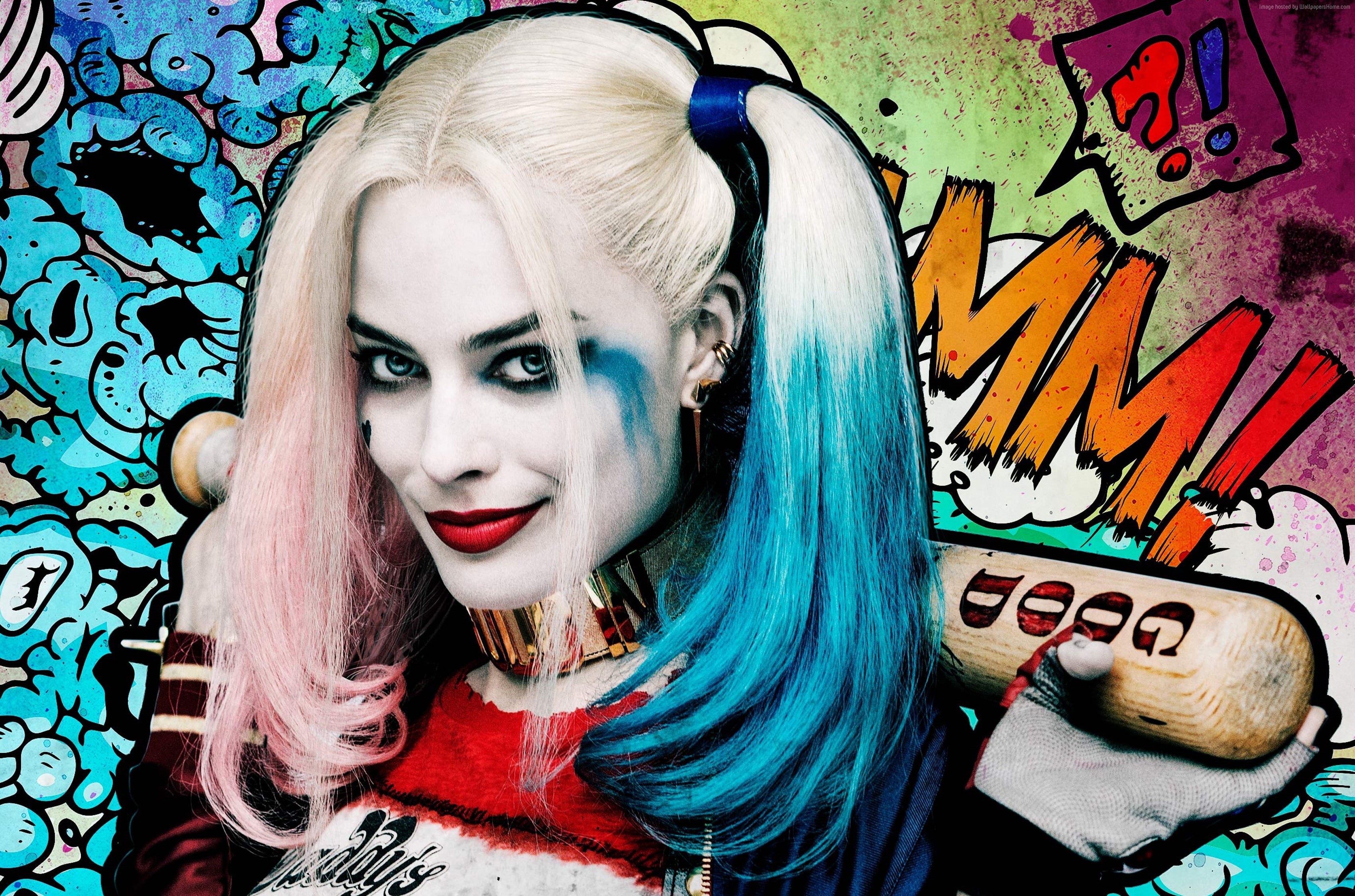 graffiti, 2K, representation, one person, Suicide Squad, make-up, Best Movies of 2016, young adult, adult, creativity, Margot Robbie, wall - building feature, HD Wallpaper