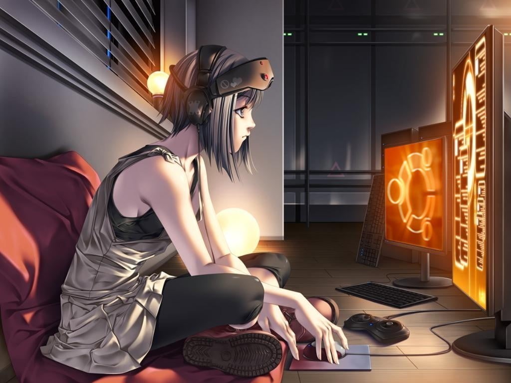 480P, office, young women, digital art, communication, anime girls, table, furniture, computer equipment, technology, occupation, indoors, Ubuntu, connection, HD Wallpaper