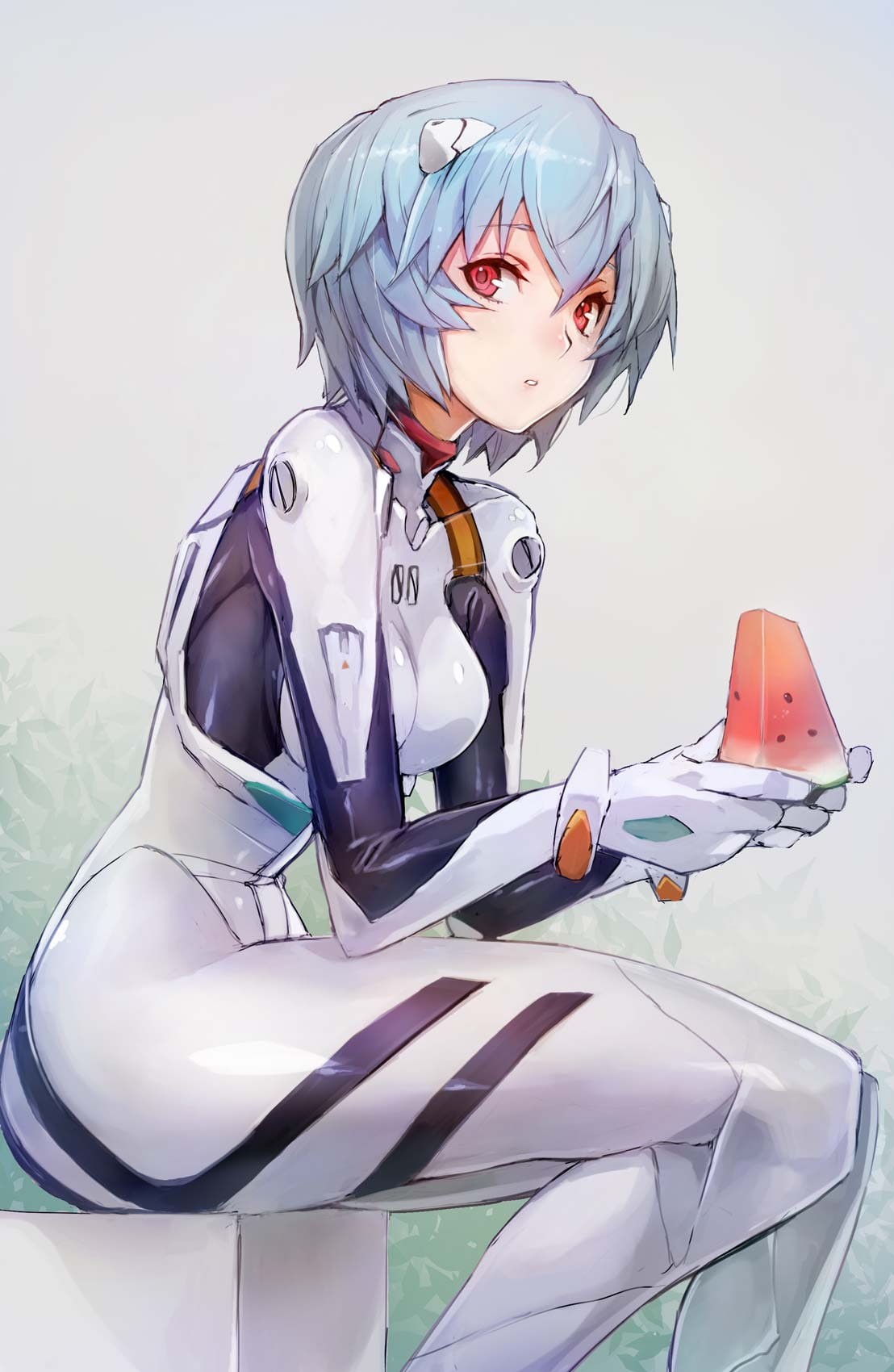 suit, one person, 720P, anime, anime girls, melons, fruit, headshot, gray background, emotion, side view, Ayanami Rei, Neon Genesis Evangelion, waist up, Phone HD Wallpaper