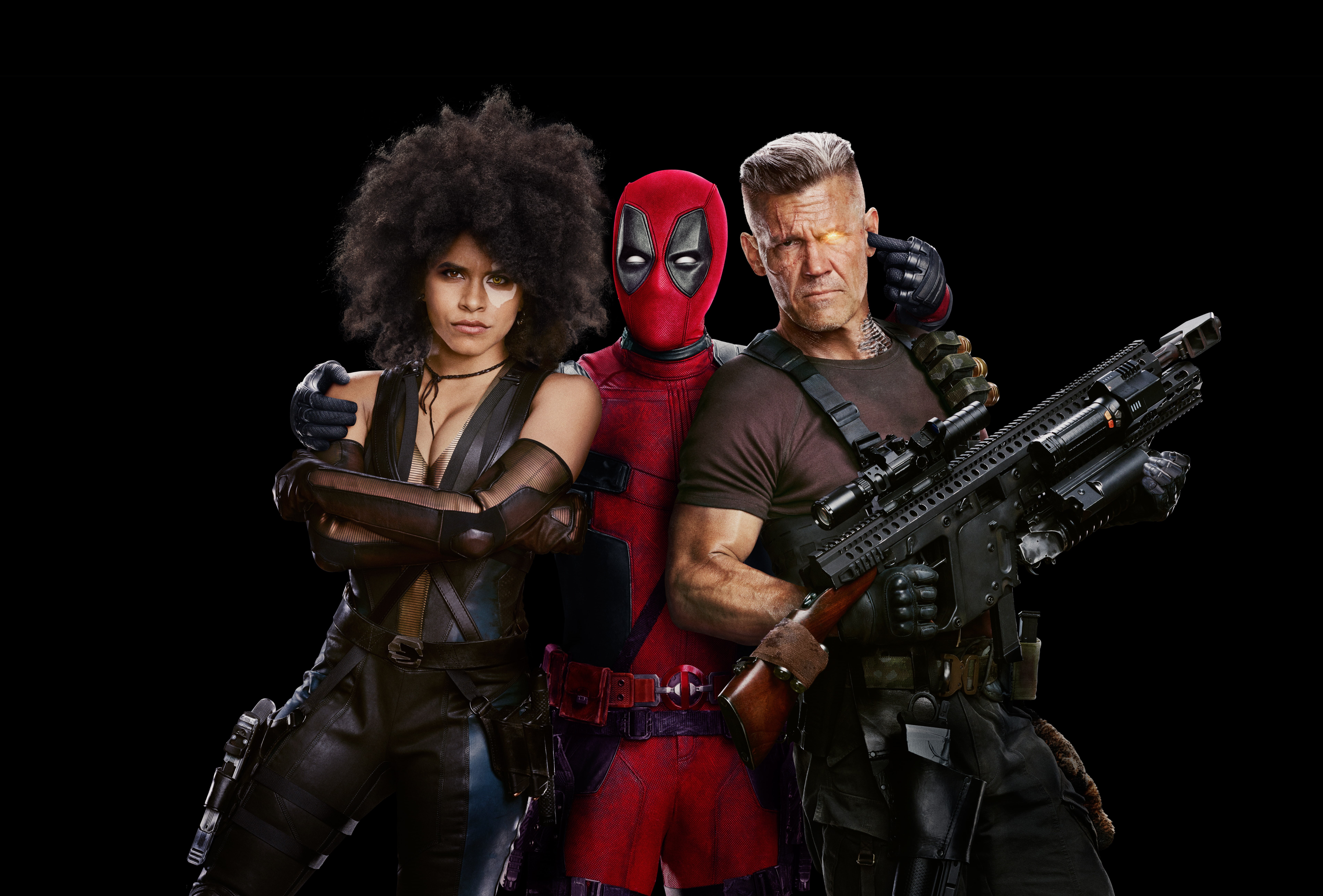 Ryan Reynolds, 2018, gun, studio shot, portrait, black background, Zazie Beetz, Deadpool 2, looking at camera, Cable, protection, security, Josh Brolin, HD Wallpaper