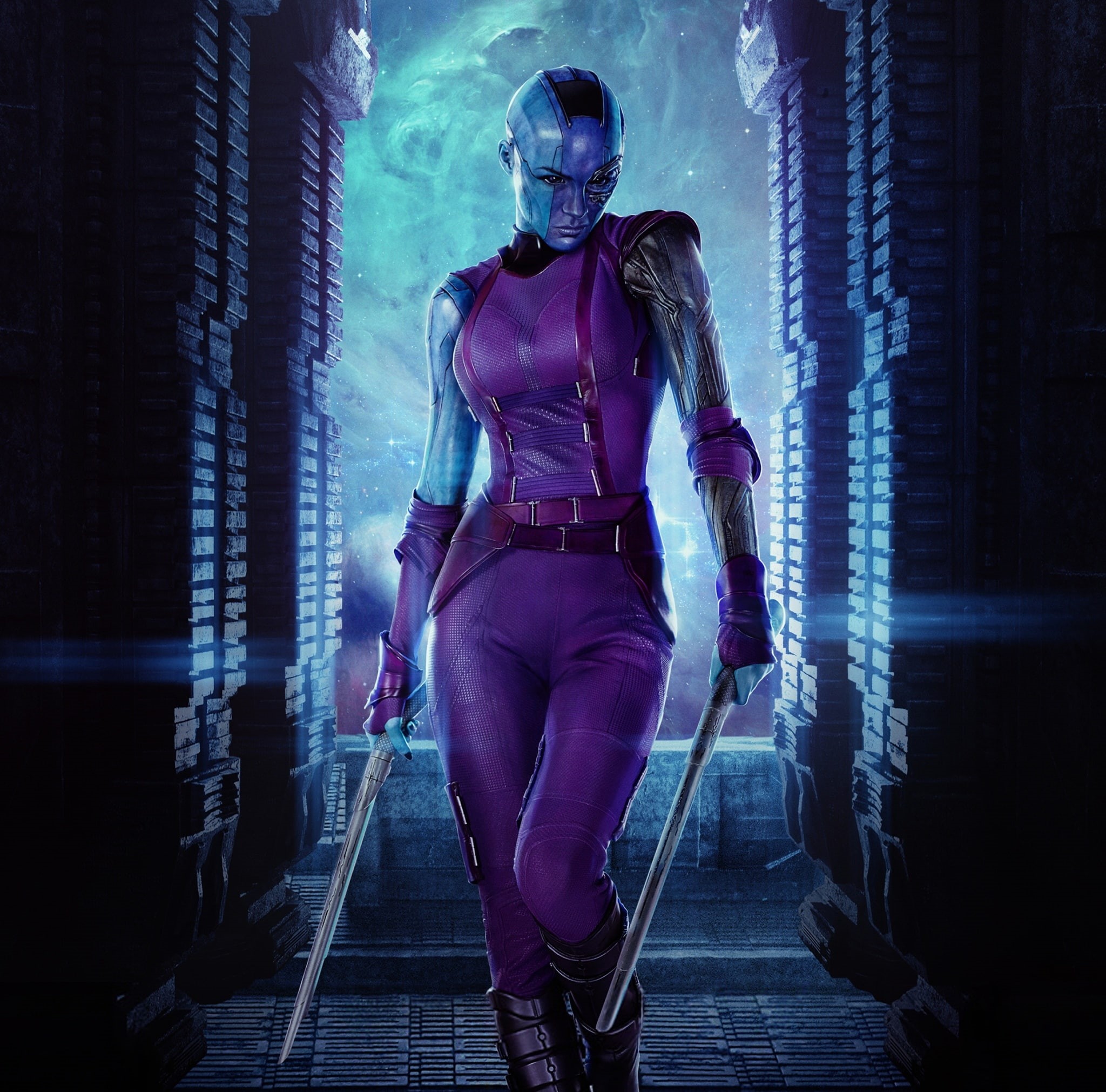 digital composite, 1080P, 2014, looking at camera, galaxy, technology, illuminated, women, young adult, Film, Superhero, futuristic, architecture, costume, HD Wallpaper