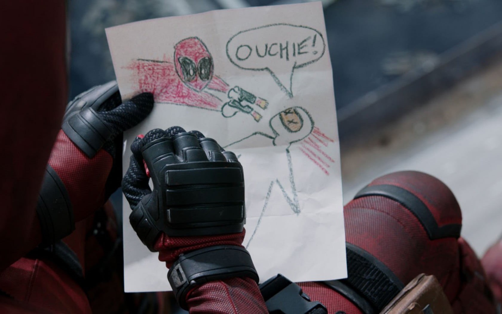 one person, Deadpool, text, indoors, high angle view, still, glove, book, 720P, communication, day, creativity, close-up, human hand, movie, hand, body part, HD Wallpaper