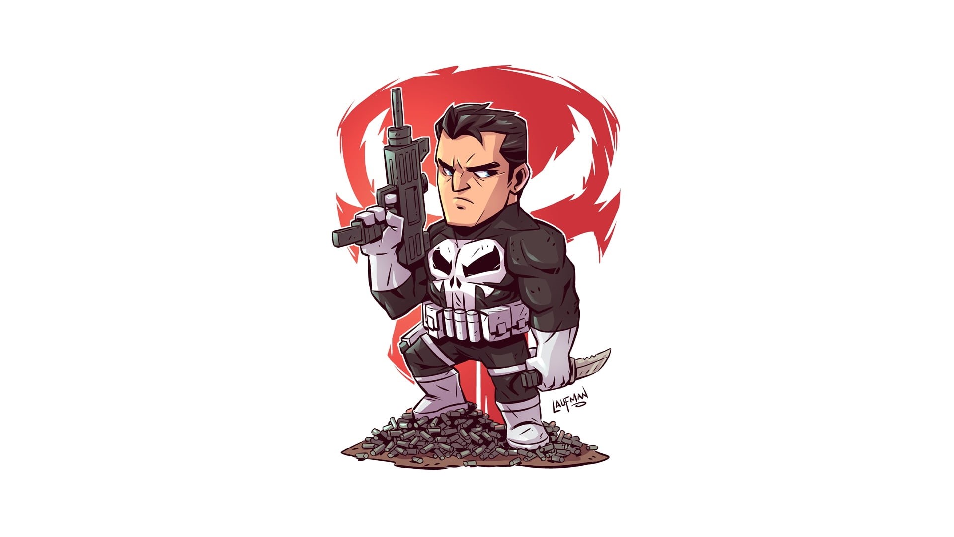 1080P, Marvel Comics, artwork, machine gun, Punisher, Derek Laufman, white background, simple background, knife, skull, HD Wallpaper