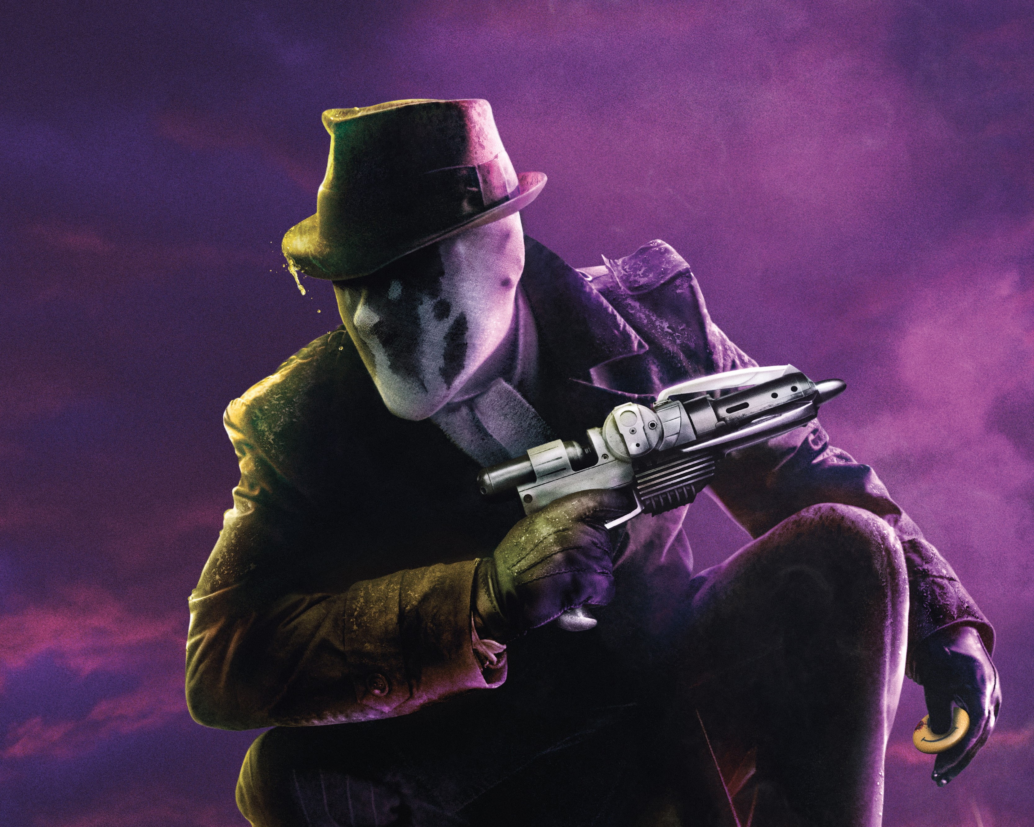Rorschach, Smoge, Super, Legendary Pictures, DC Comics, Mask, Jackie Earle Haley, Guns, 2K, Fog, Sci-Fi, City, with, Pistol, Masked, Light, HD Wallpaper
