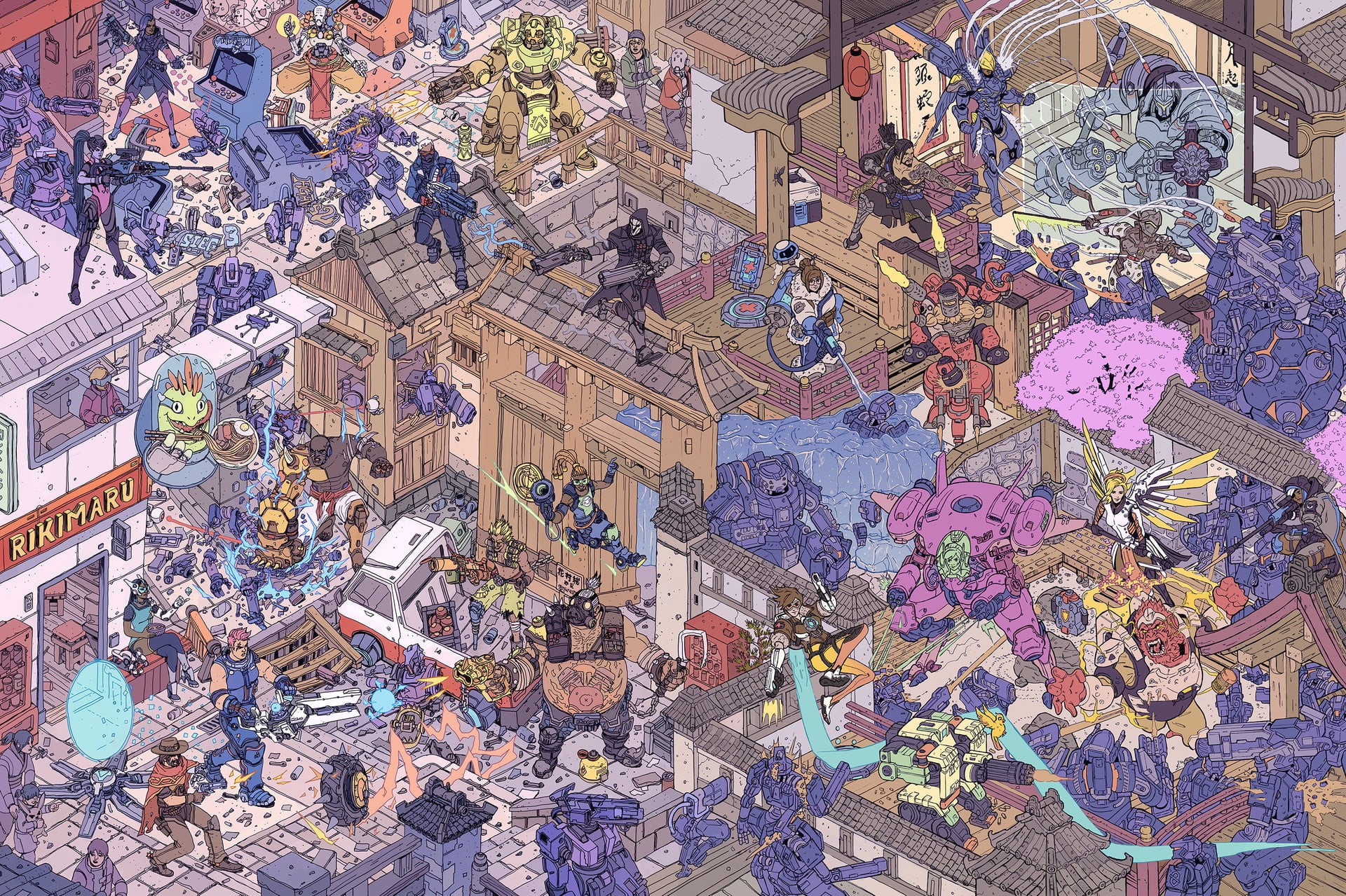 Overwatch, Hanamura (Overwatch), comic, illustration, fantasy art, building, outdoors, high angle view, comics, travel destinations, architecture, city, HD Wallpaper