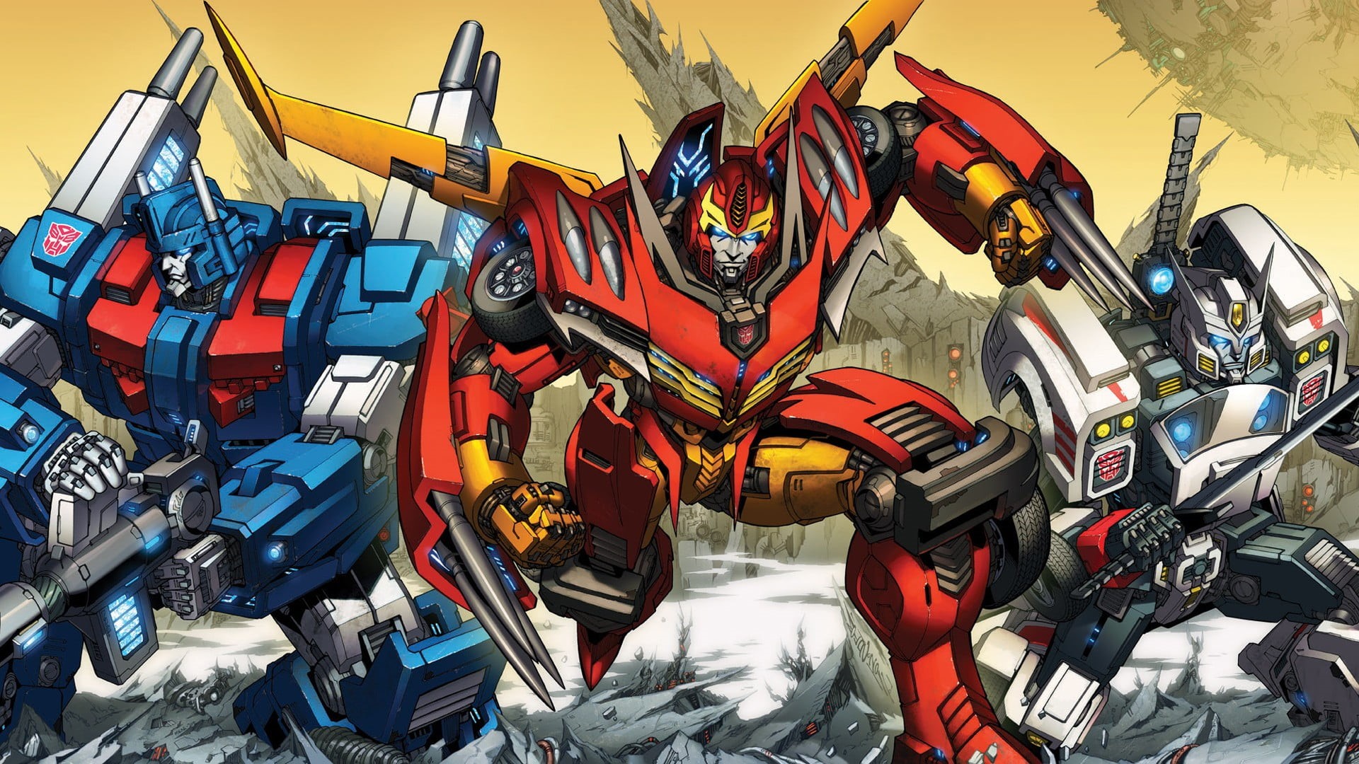 high angle view, collection, variation, Transformers, artwork, choice, city, comic, multi colored, outdoors, stack, metal, book, large group of objects, HD Wallpaper