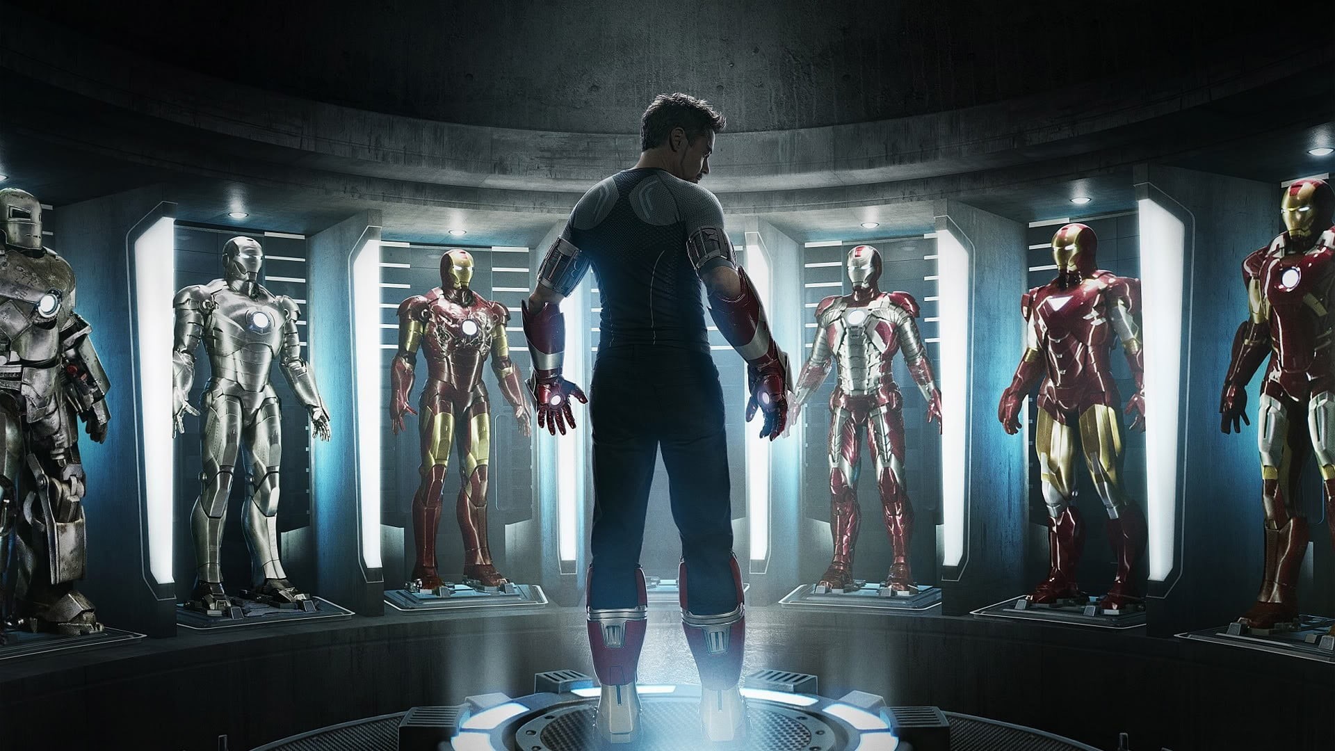 indoors, iron, 1080P, standing, lighting equipment, Iron Man 3, representation, digital composite, real people, Iron Man, illuminated, built structure, HD Wallpaper