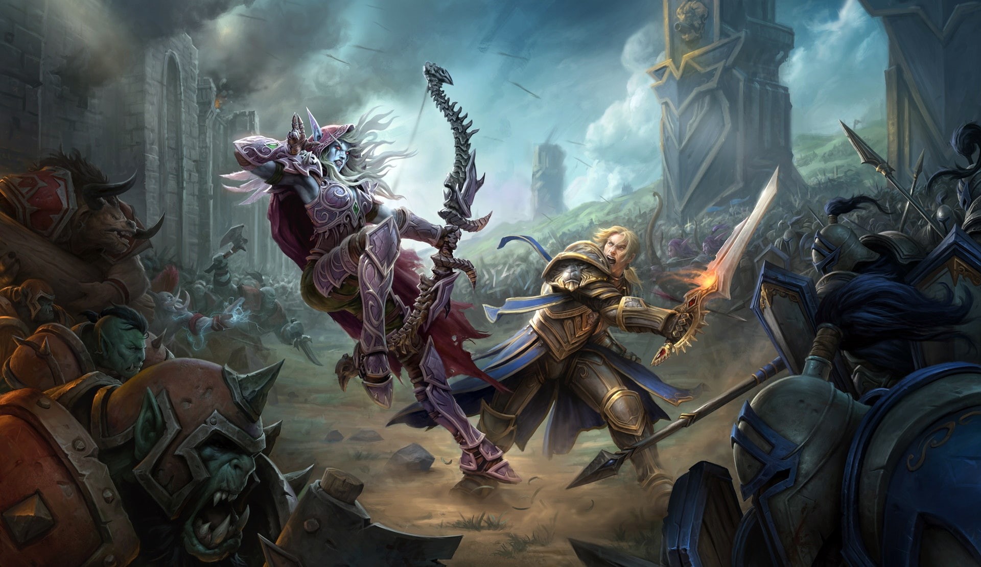 soldiers, fantasy art, warrior, army, weapons, armor, digital art, World of Warcraft, orcs, fantasy, artwork, Anduin Wrynn, battle, magic, bow, battlefield, HD Wallpaper
