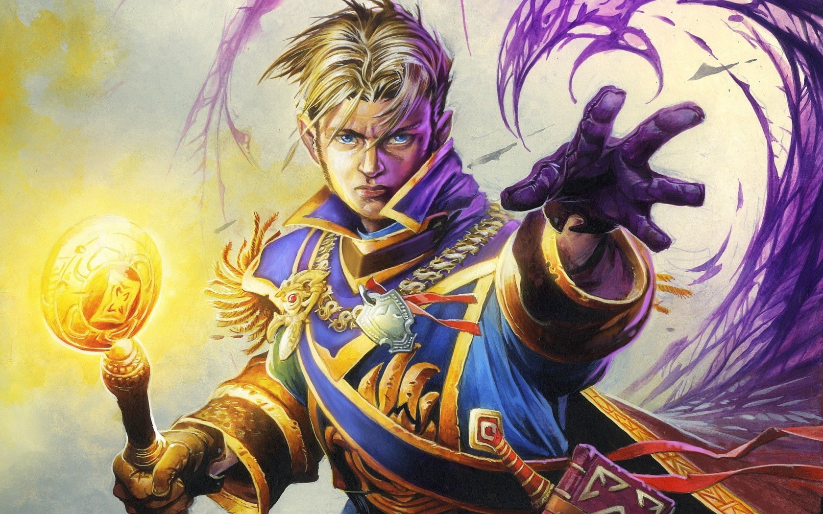 one person, Wrynn, standing, blond hair, Anduin, Hearthstone, indoors, Priest, gold colored, art and craft, hairstyle, 720P, women, waist up, front view, HD Wallpaper