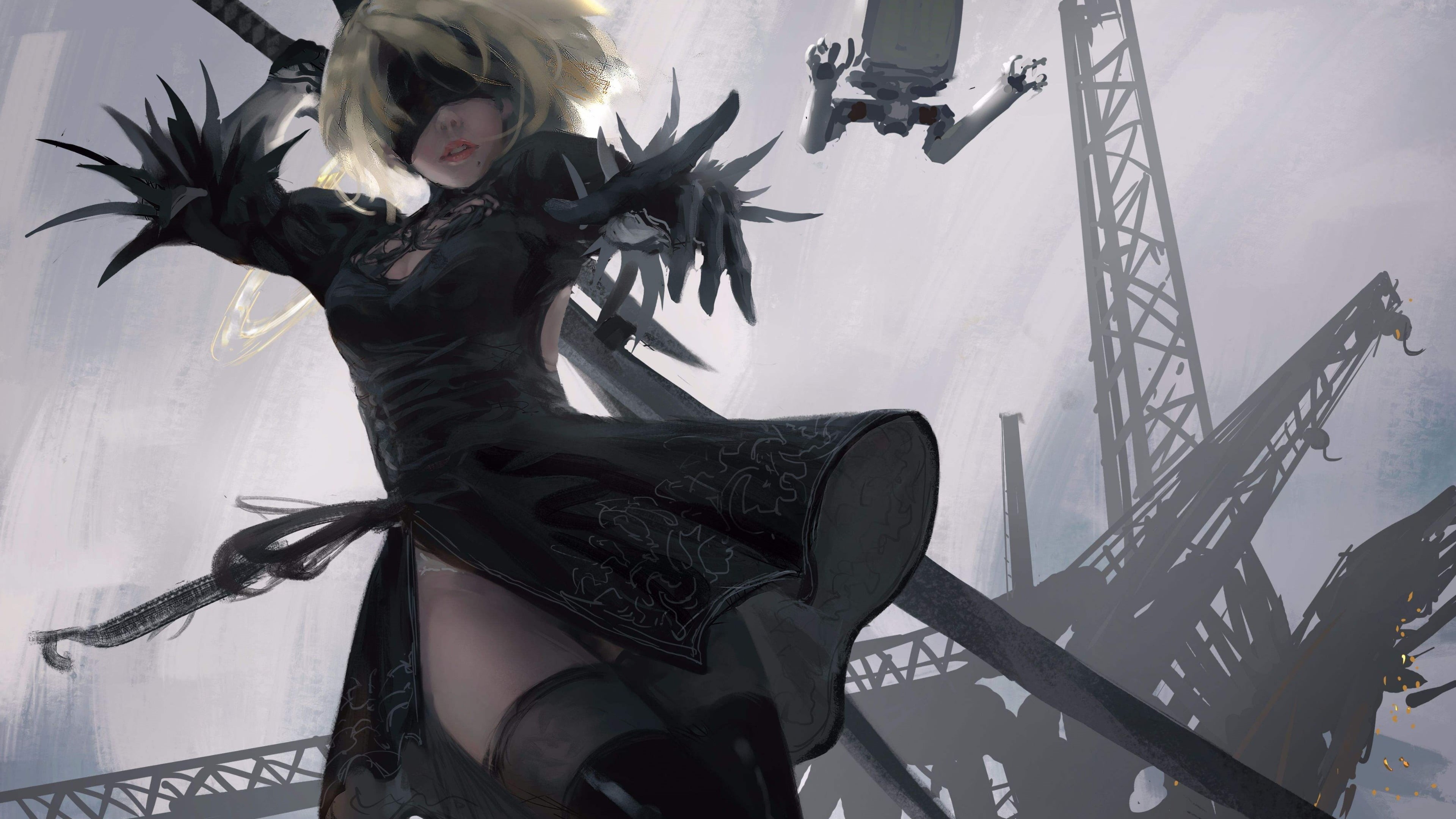 WLOP, 4K, architecture, arts culture and entertainment, statue, standing, human representation, real people, women, day, Nier: Automata, sculpture, low angle view, HD Wallpaper