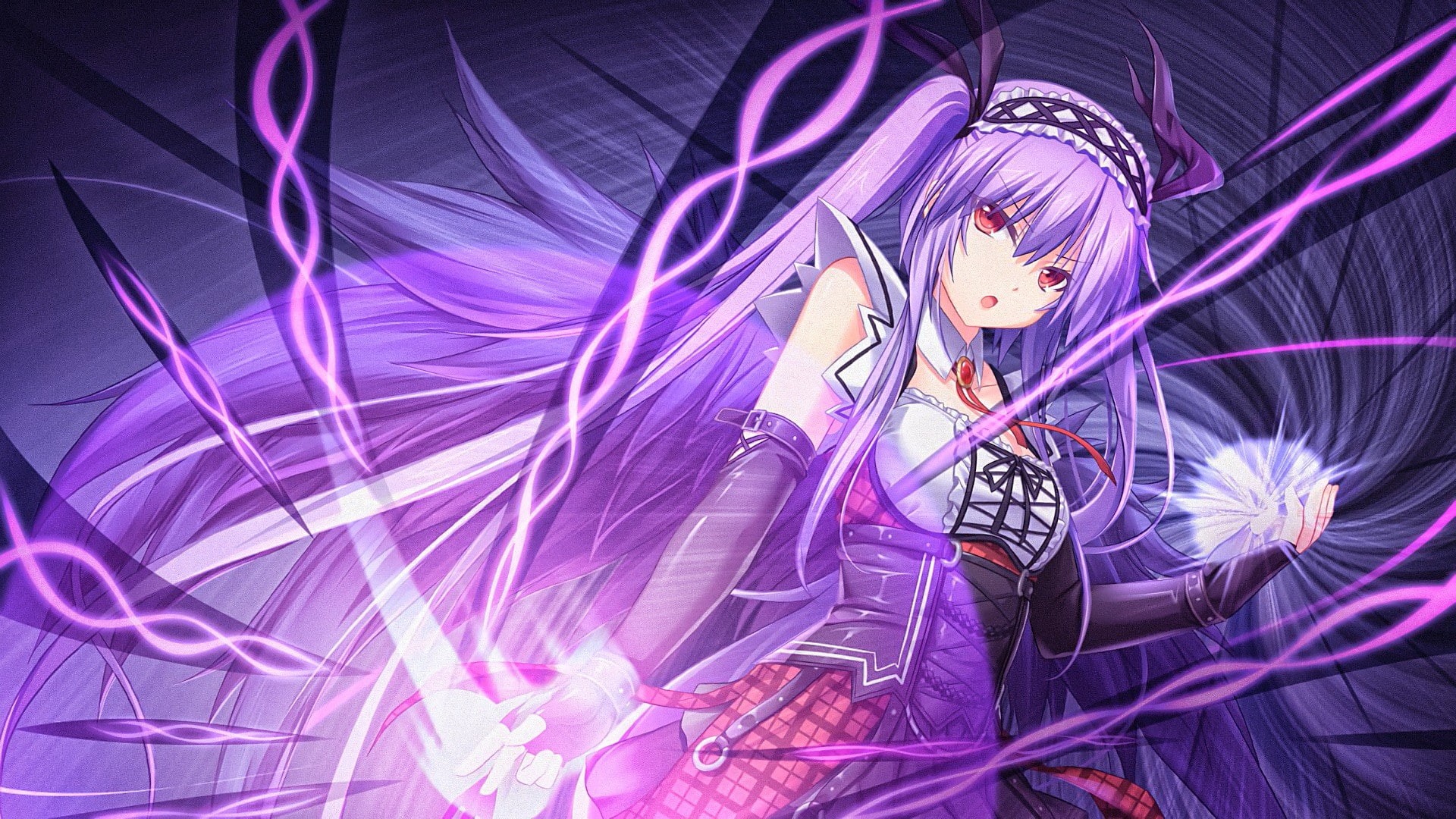 wings, purple hair, long hair, anime, 1080P, red eyes, anime girls, Game CG, HD Wallpaper