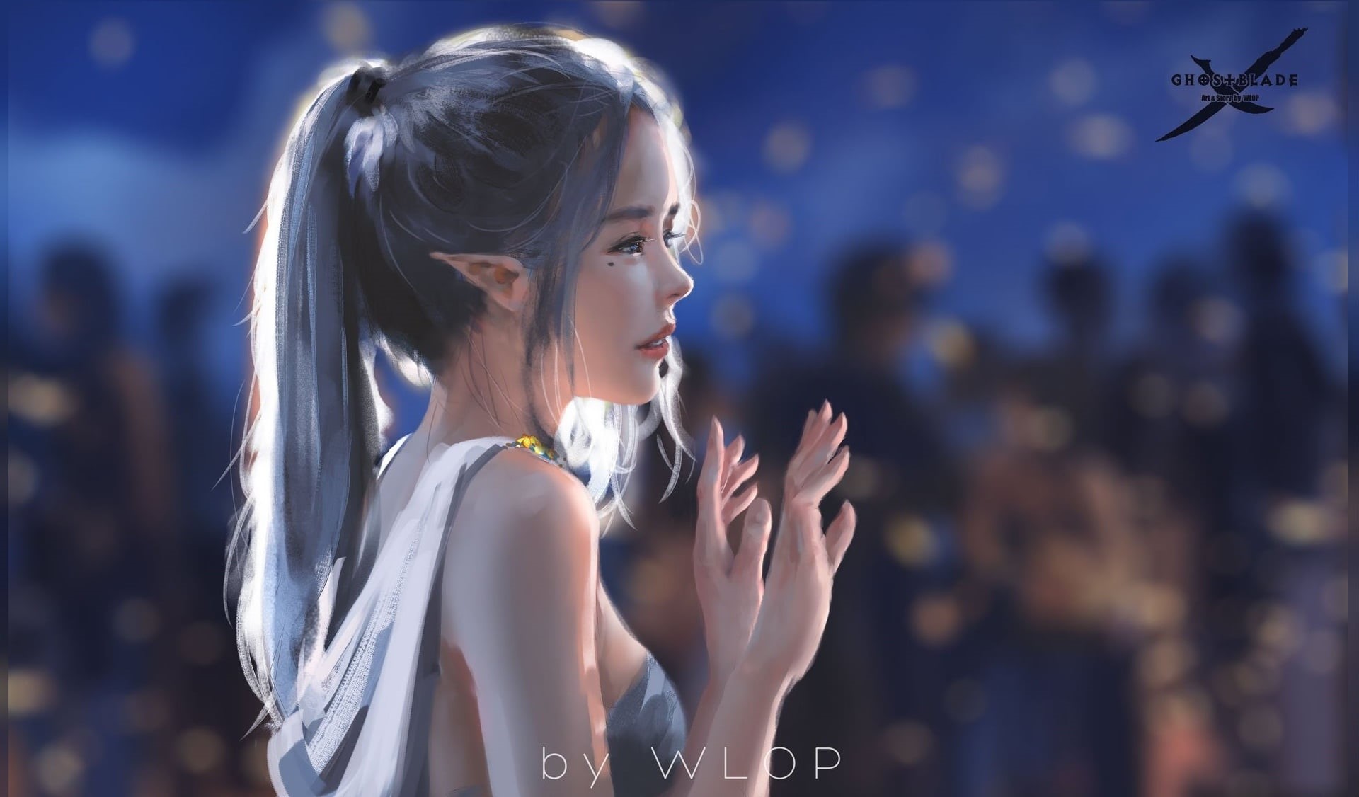 fantasy art, Ghost blade, fantasy, digital art, blue eyes, 1080P, artwork, bare shoulders, ponytail, dress, fantasy girl, silver hair, elf, girl, pointed ears, HD Wallpaper